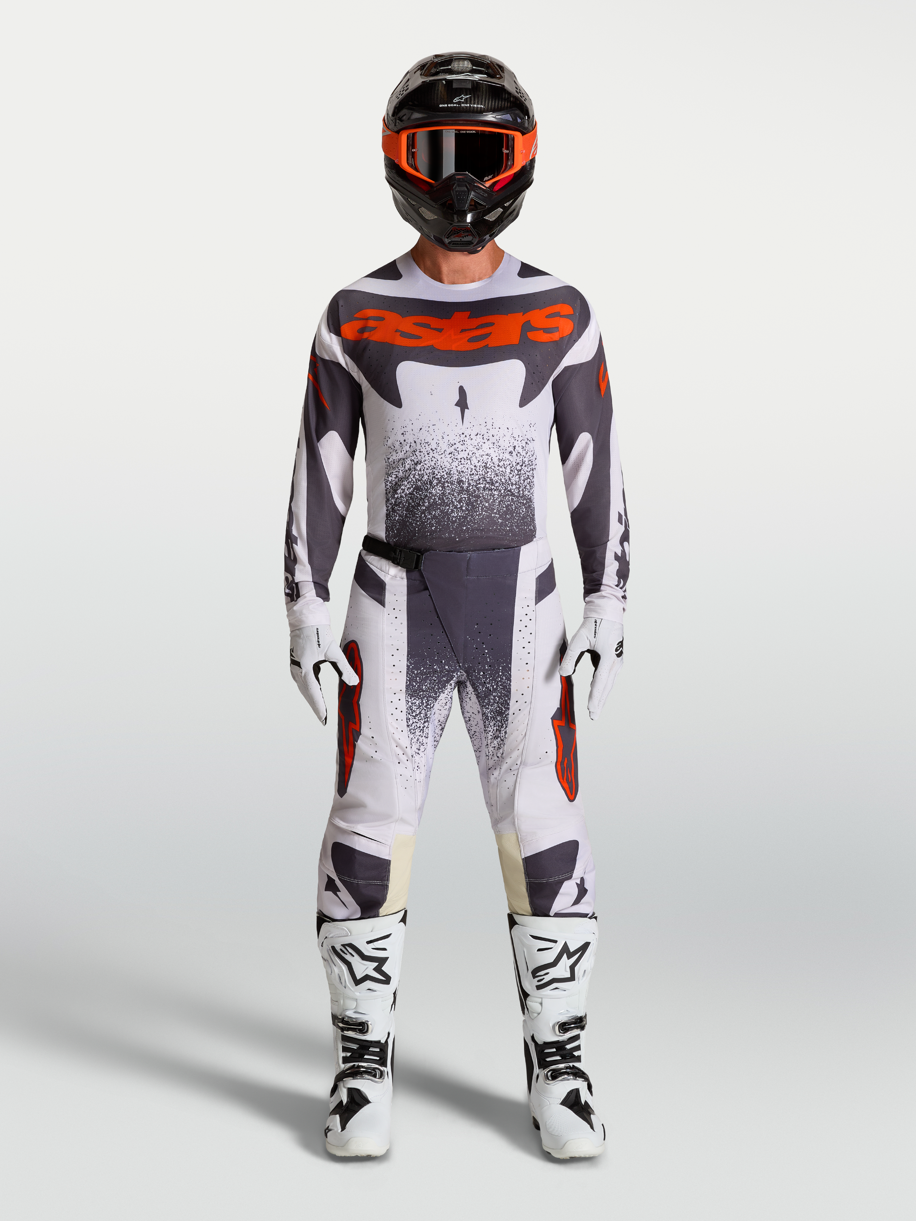 Alpinestars Techstar Swan Gear Set, gray and red fluo motocross racing jersey and pants for performance riding.