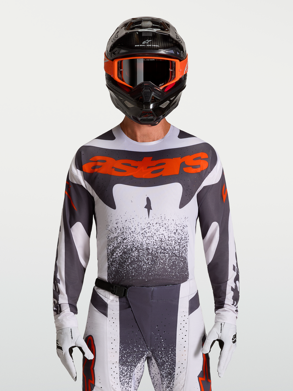 Alpinestars Techstar Swan Jersey, men's motocross racing top in white and gray with red fluo accents and athletic race fit.