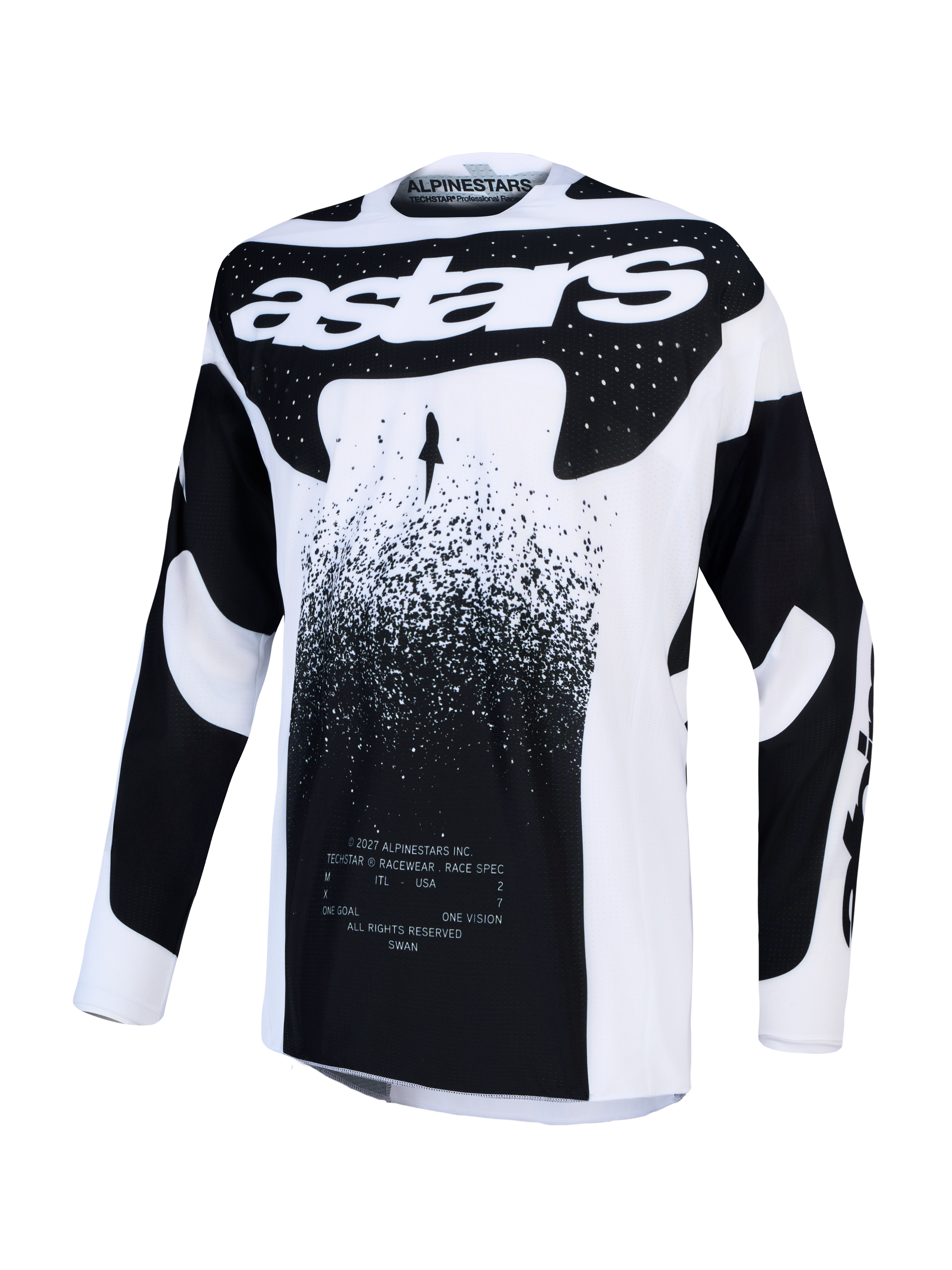 Alpinestars Techstar Swan Jersey, Men's Motocross Racing Jersey, White and Black, featuring lightweight stretch fabric.
