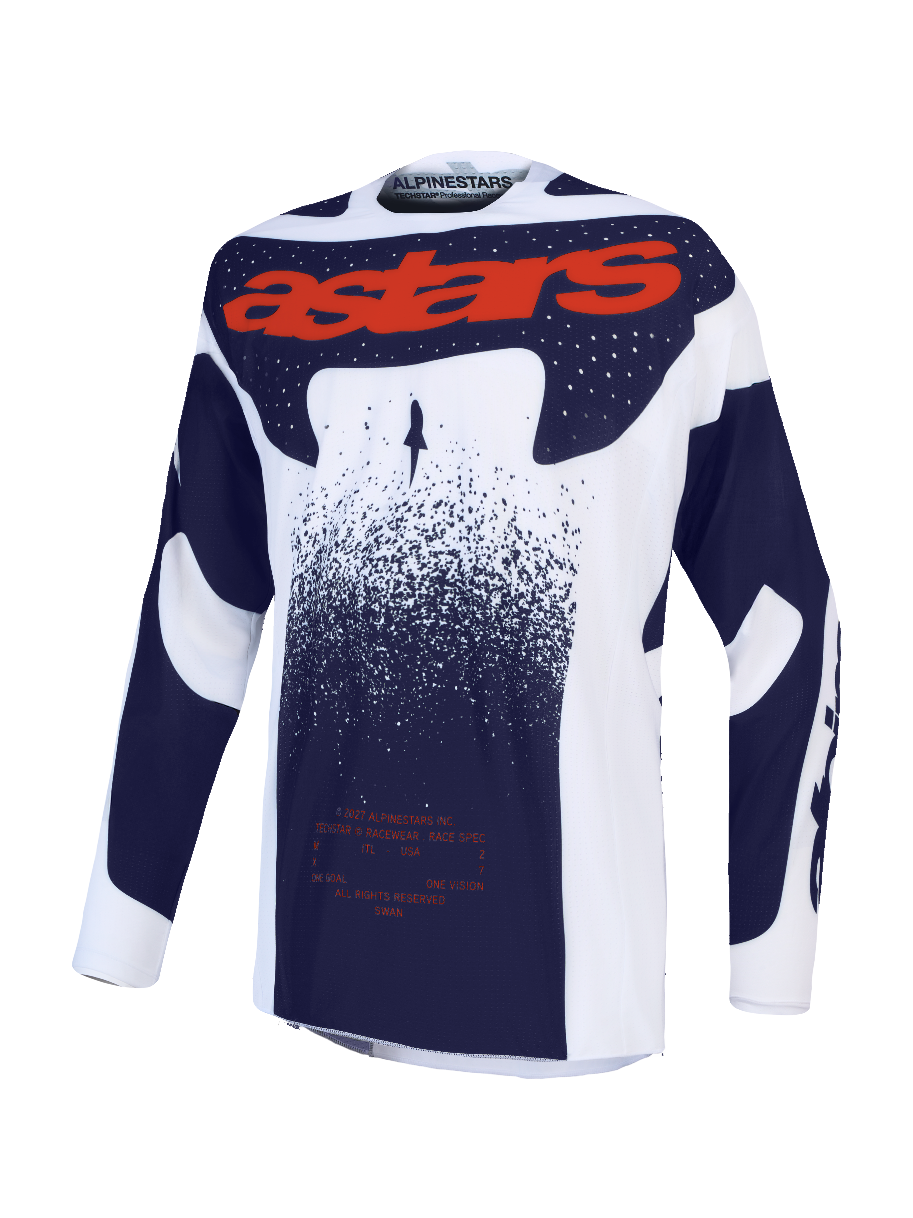 Alpinestars Techstar Swan Jersey, athletic race-fit motocross top in light lilac, dark gray, and red fluo textile.