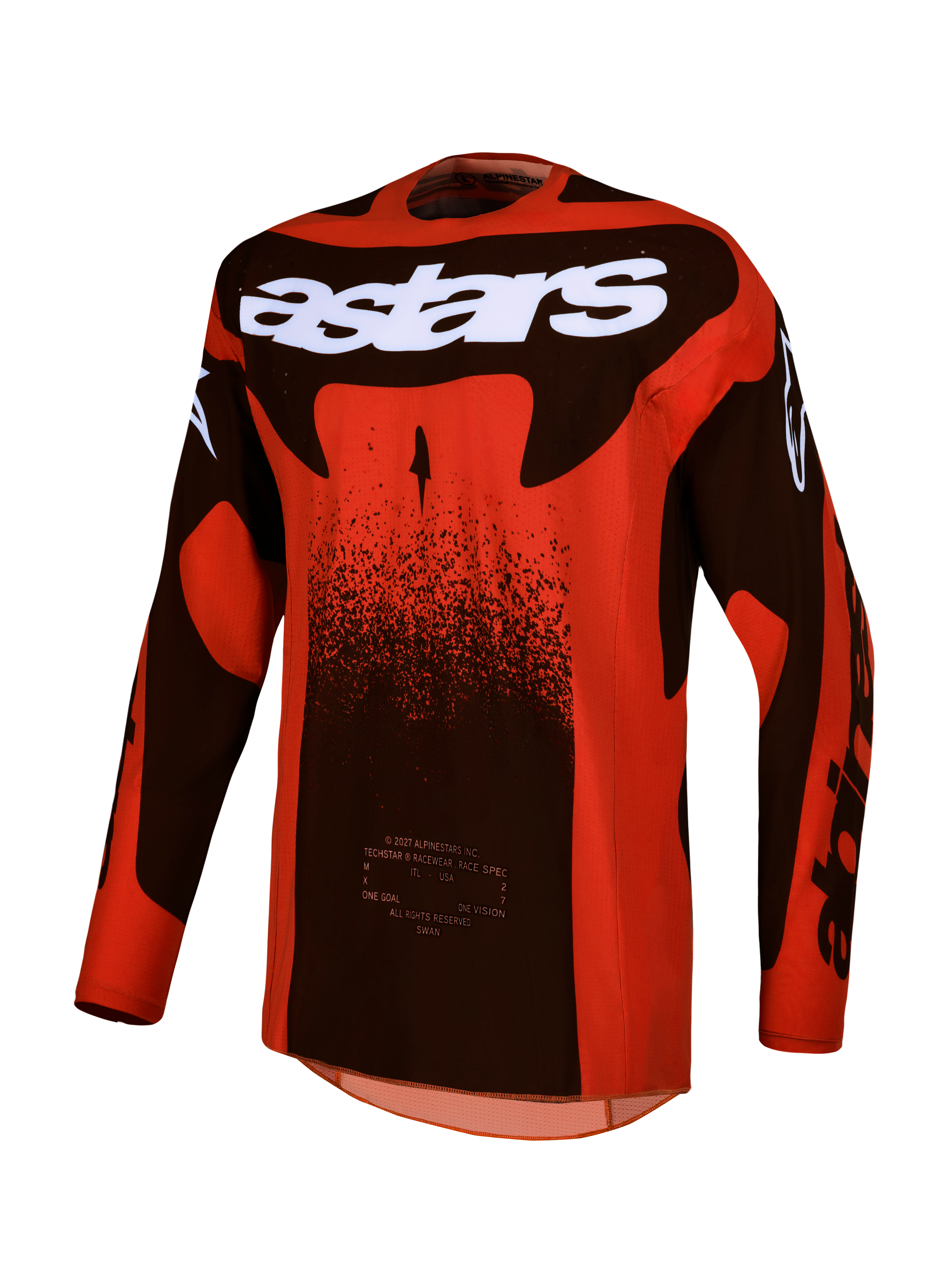 Alpinestars Techstar Swan Jersey, Men's motocross racing jersey in Cardinal Red and Black, performance stretch fabric.