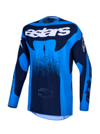 Alpinestars Techstar Swan Jersey, blue and deep blue motocross top with moisture-wicking fabric and laser-cut ventilation.