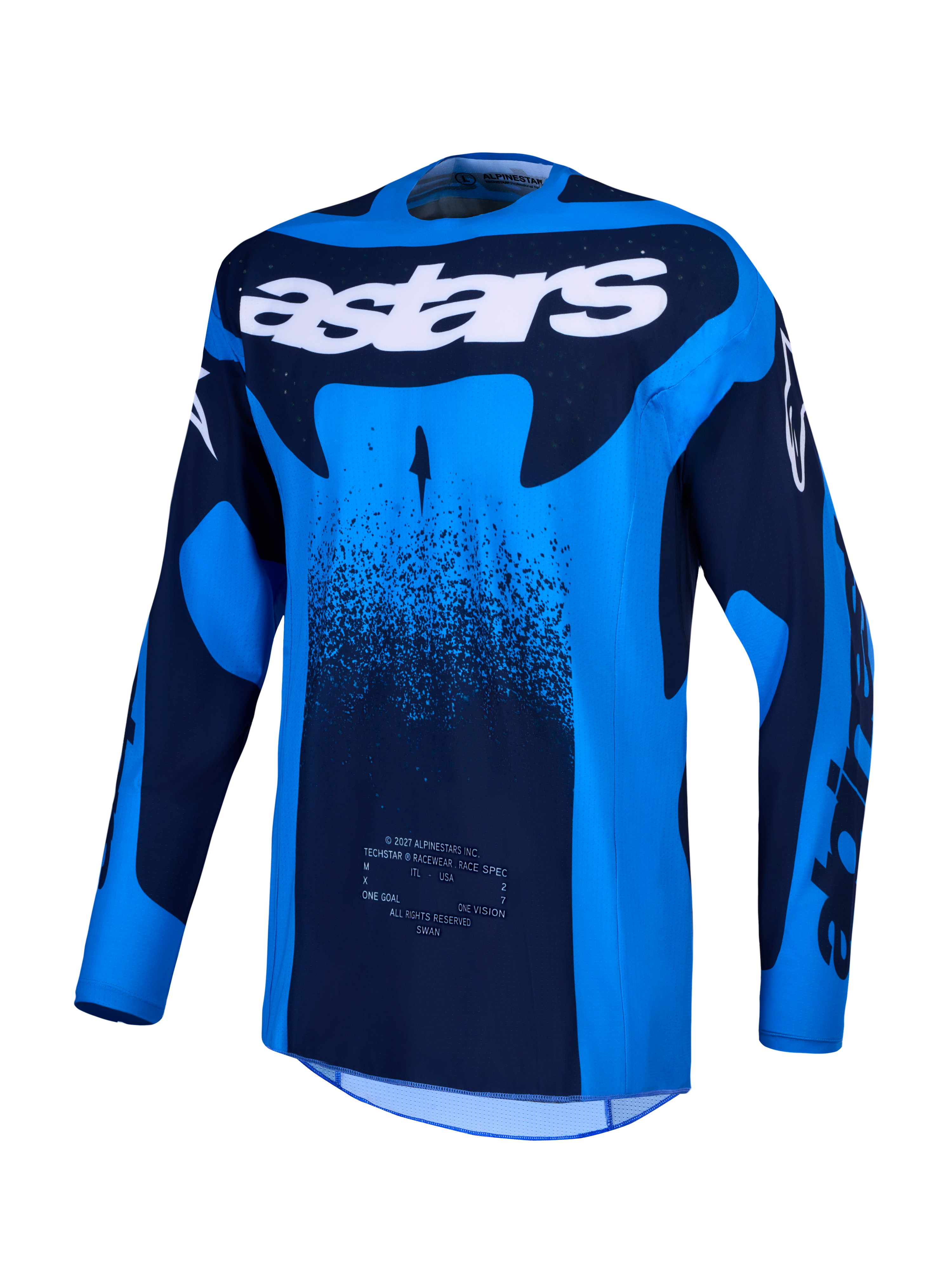 Alpinestars Techstar Swan Jersey, blue and deep blue motocross top with moisture-wicking fabric and laser-cut ventilation.