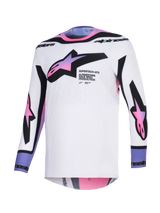 Alpinestars 2026 Supertech AFD Vista Jersey, Motocross Jersey, White Purple and Black, white base with pink and purple gradient star logos on the chest and sleeves, black branding on the collar and cuffs, featuring an athletic fit and perforated mesh fabric for ventilation.
