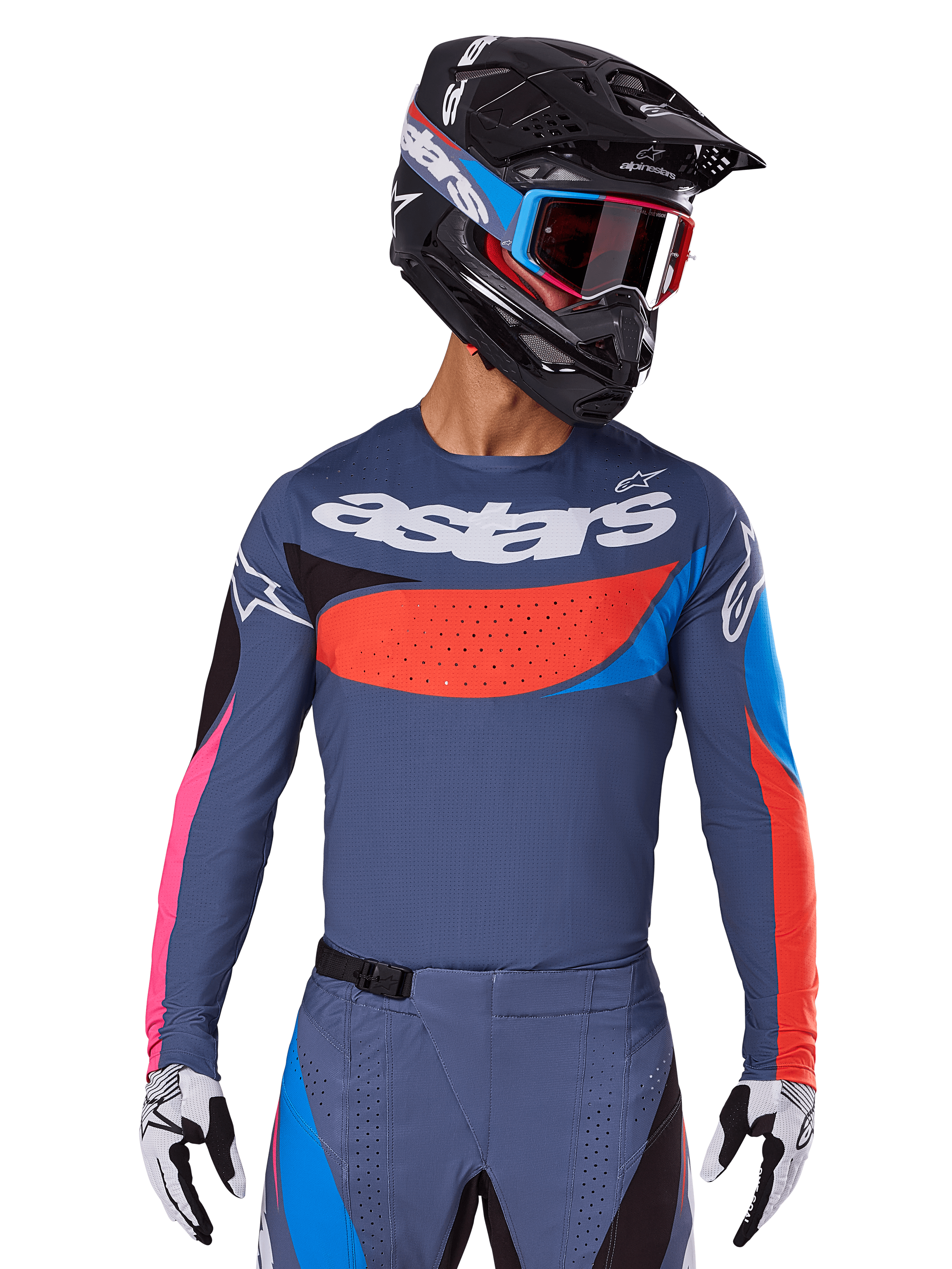 Alpinestars 2025 Techstar Dreem Jersey, Motocross Jersey, Gray with blue, red, and pink accents, featuring laser-cut perforations and large chest branding, worn with matching pants and black racing helmet