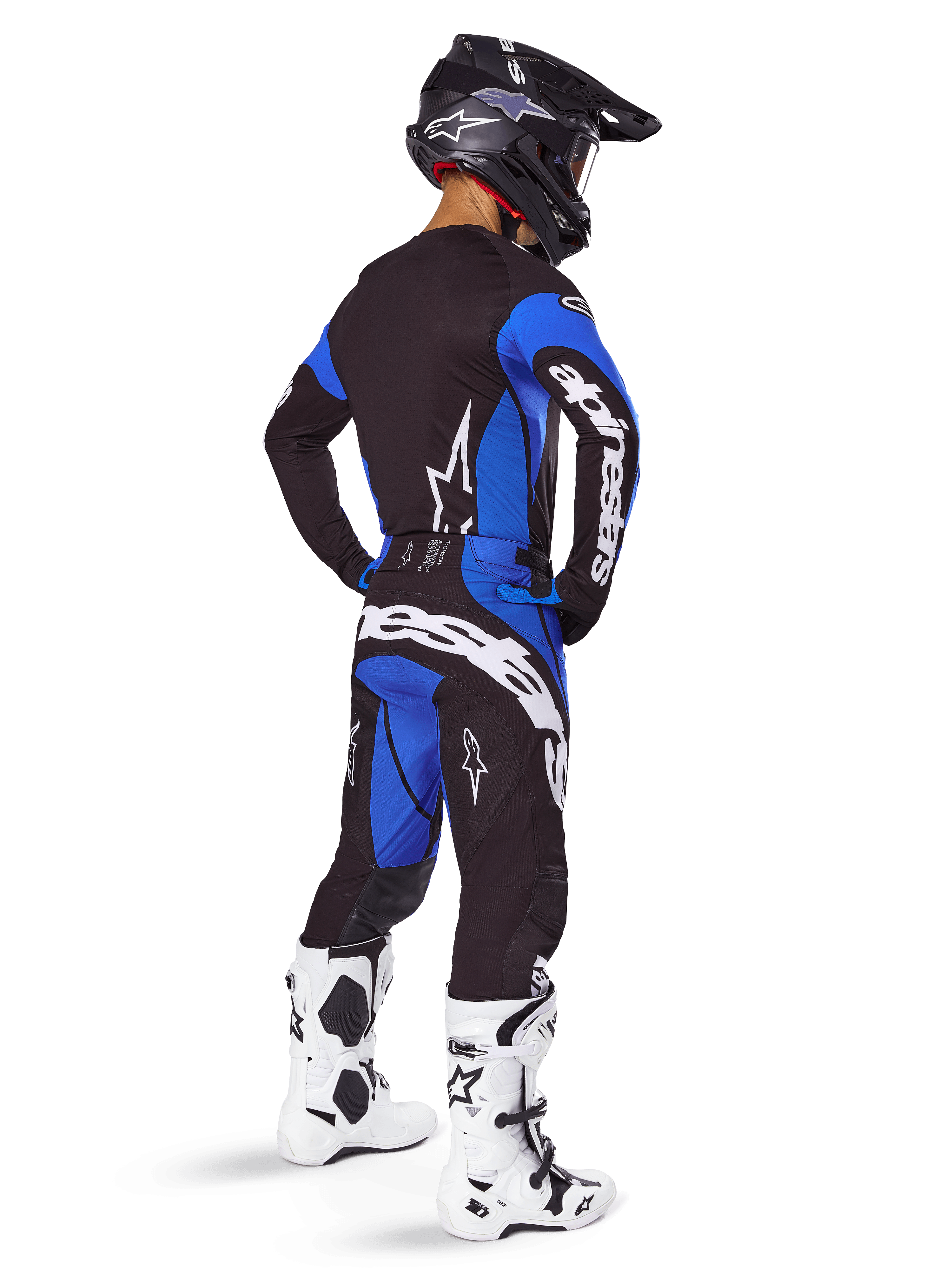 Alpinestars 2025 Techstar Dreem Gear Set and Jersey, black and blue motocross outfit for men, shown from a rear view.