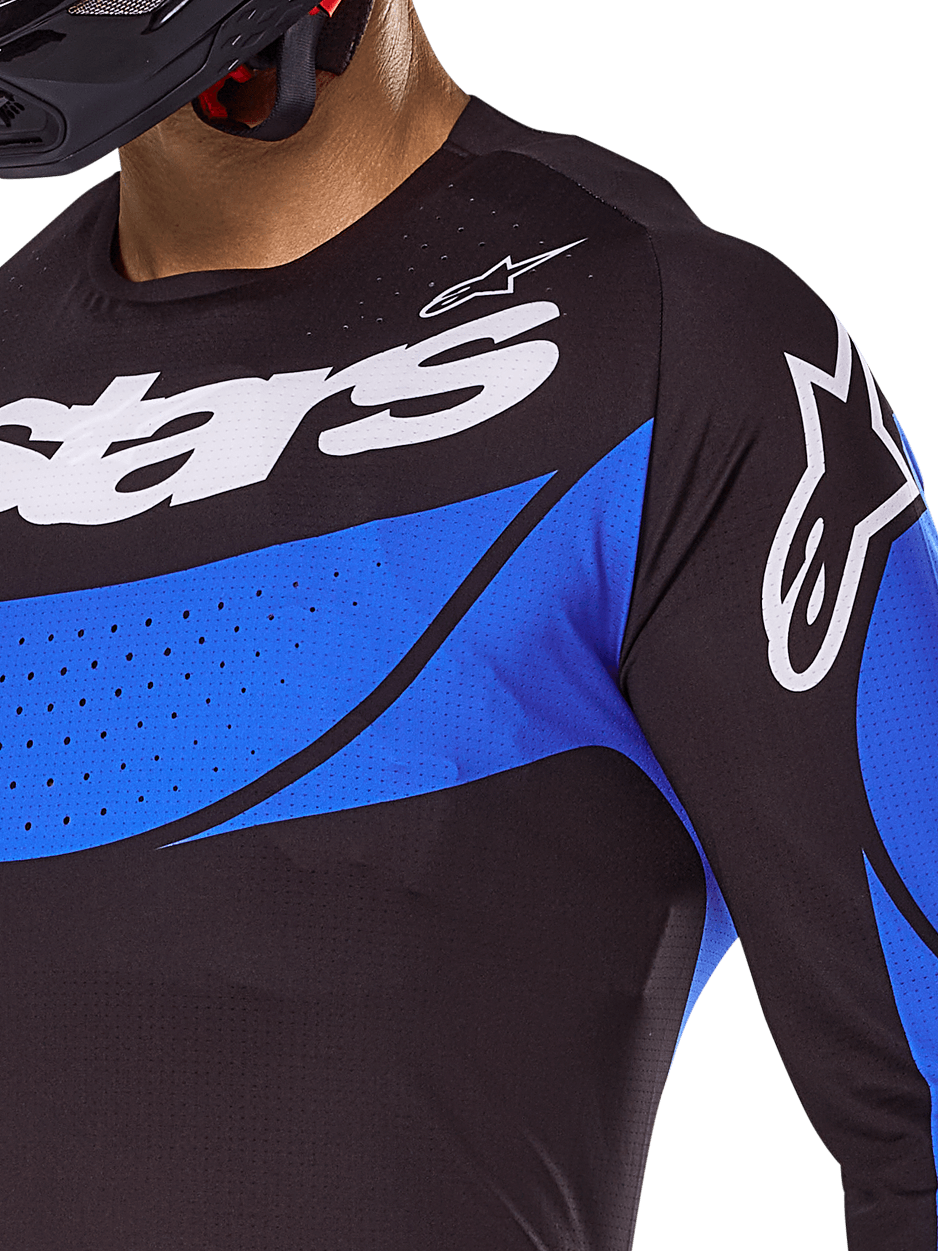 Alpinestars 2025 Techstar Dreem Jersey and Gear Set, black and blue ventilated motocross top with laser-cut perforations.