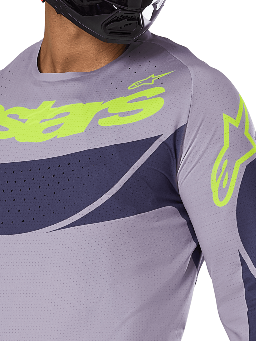 Alpinestars 2025 Techstar Dreem Jersey, Motocross Jersey, Gray and Navy Blue with Bright Lime Green logo, close-up of rider wearing black helmet, featuring laser-cut perforations for ventilation