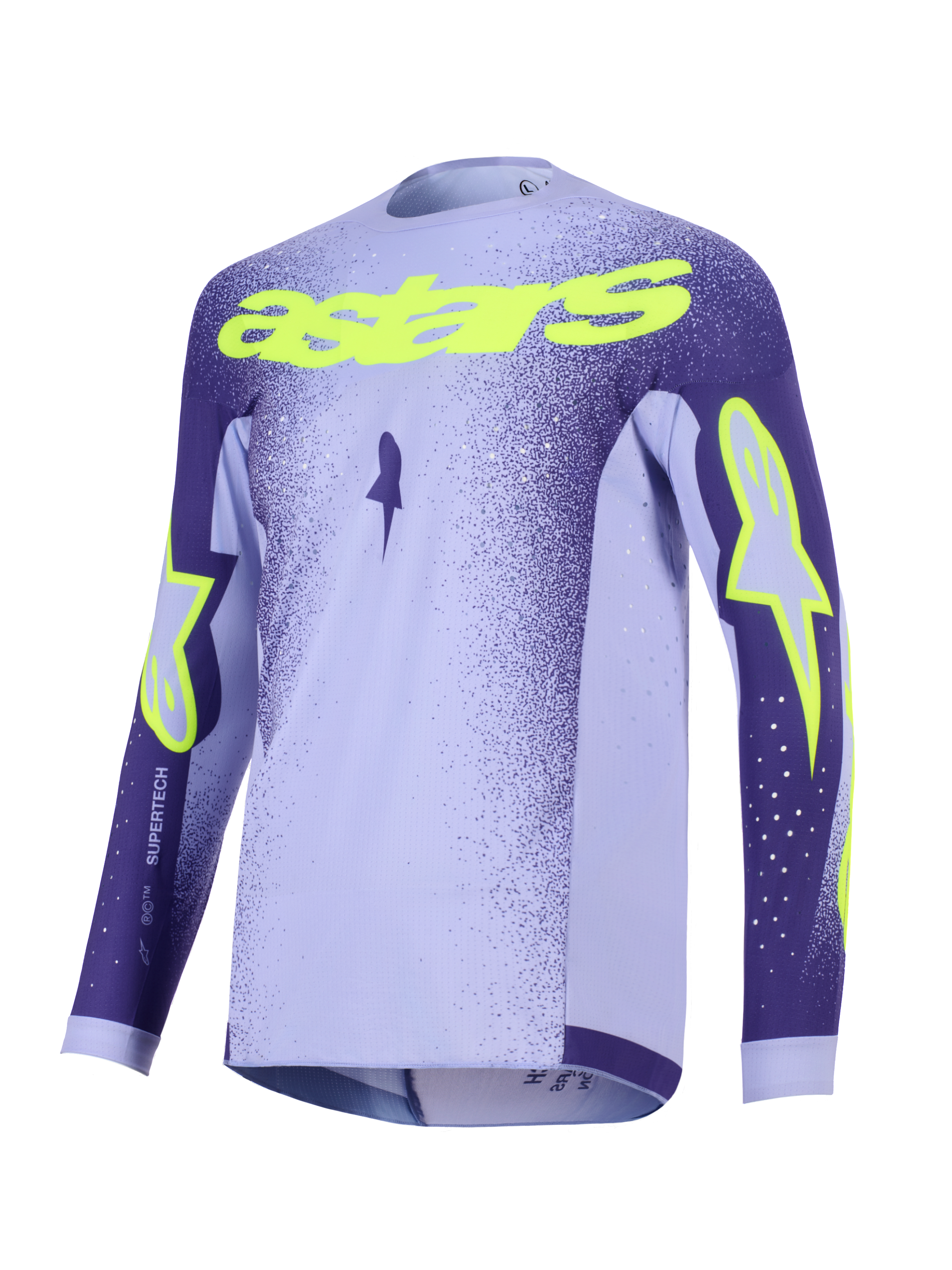 Alpinestars 2026 Supertech Scenz Jersey, Motocross Jersey, Purple and Yellow Fluo, featuring lavender and dark purple panels with neon yellow 'astars' text and star logos, lightweight performance mesh design for off-road racing
