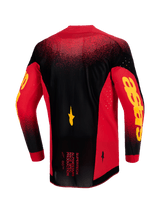 Alpinestars 2026 Supertech Scenz Jersey, Back View, Red Black and Yellow, professional motocross jersey with lightweight stretch mesh, laser-cut ventilation, bold yellow Astars branding on sleeves, and extended rear hem for racing performance