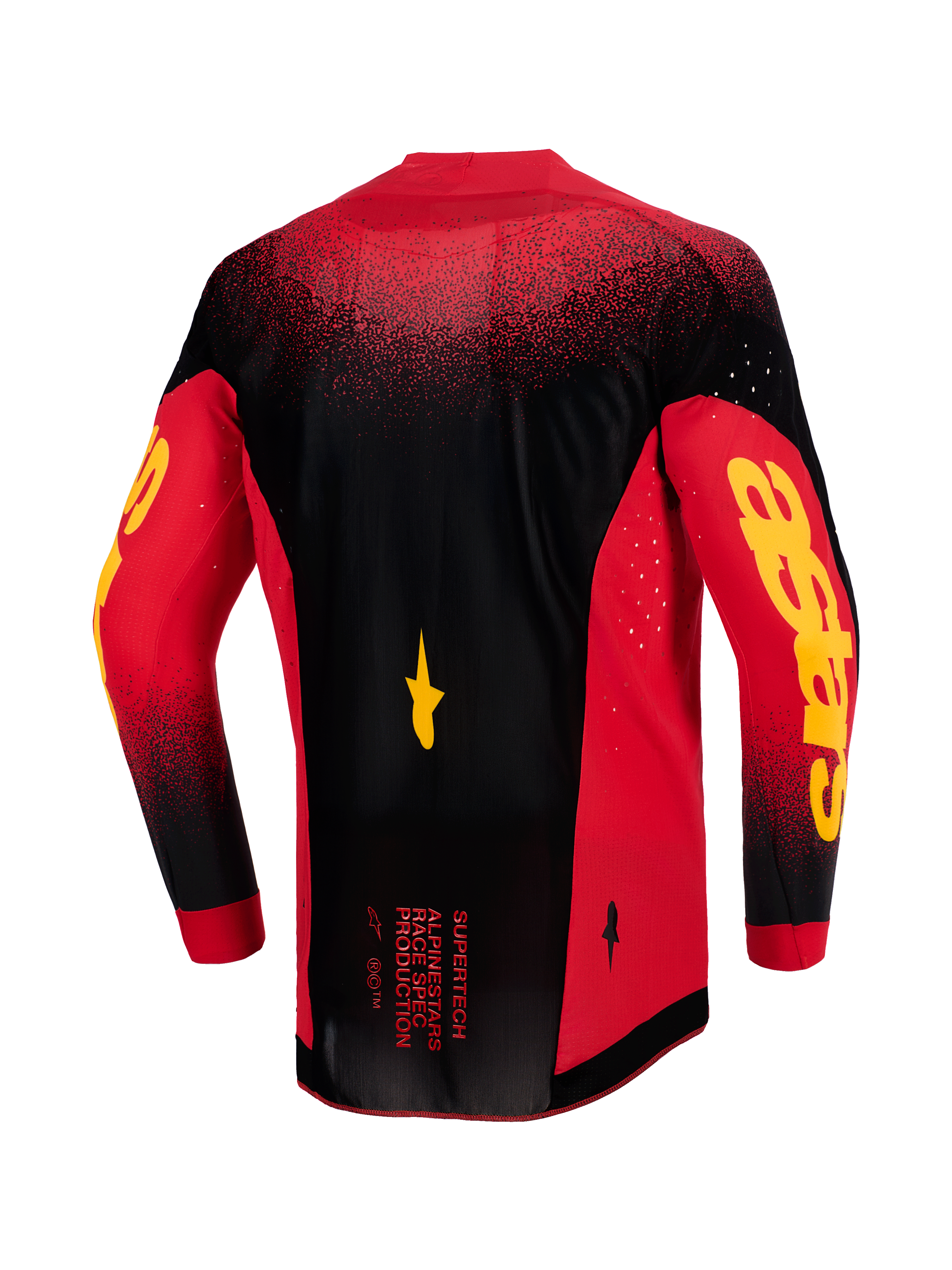 Alpinestars 2026 Supertech Scenz Jersey, Back View, Red Black and Yellow, professional motocross jersey with lightweight stretch mesh, laser-cut ventilation, bold yellow Astars branding on sleeves, and extended rear hem for racing performance