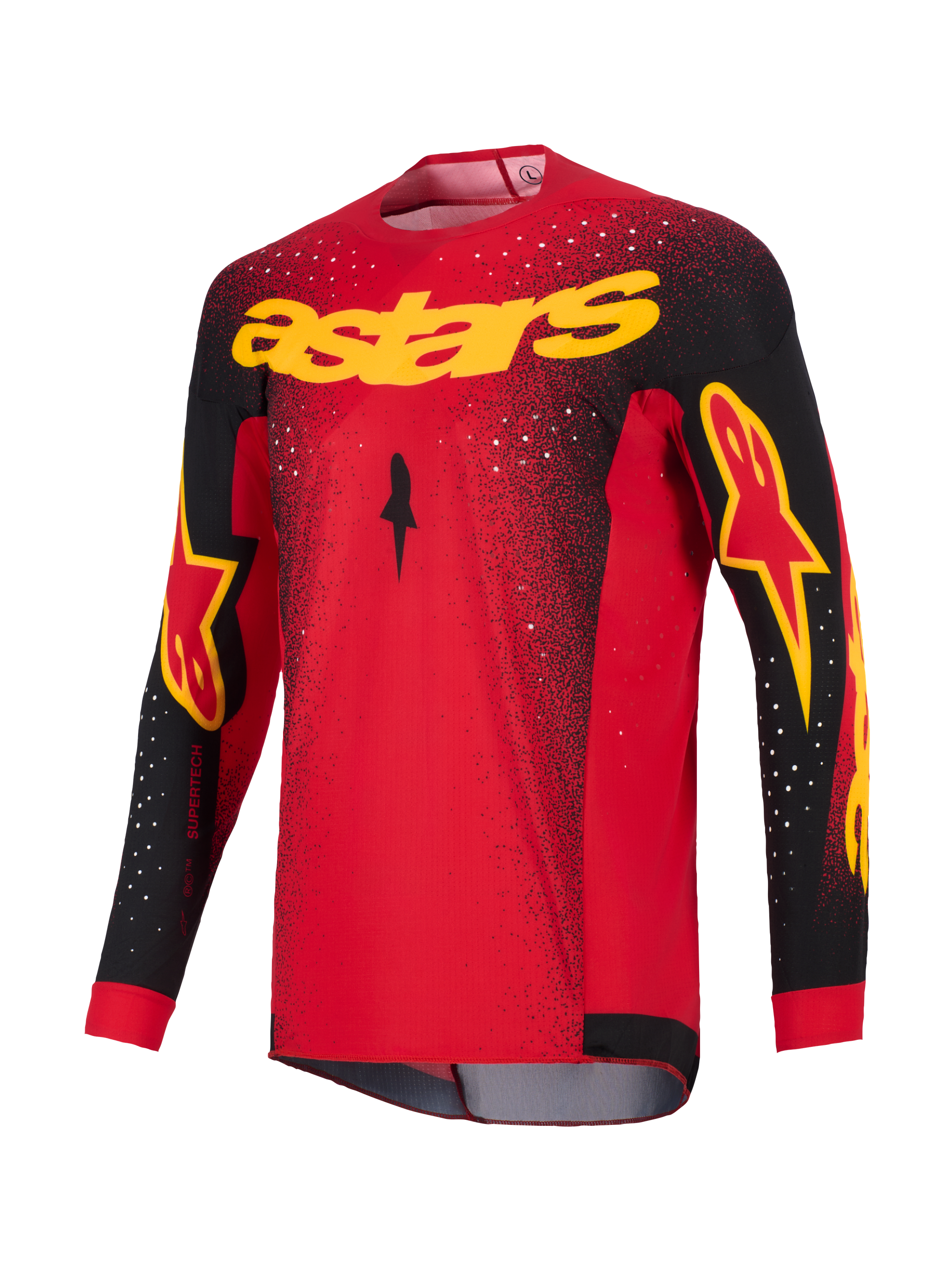 Alpinestars 2026 Supertech Scenz Jersey, Motocross Jersey, Red Black and Yellow, featuring yellow 'astars' branding on the chest, black sleeves with logo accents, and white speckled pattern on the shoulders and upper body