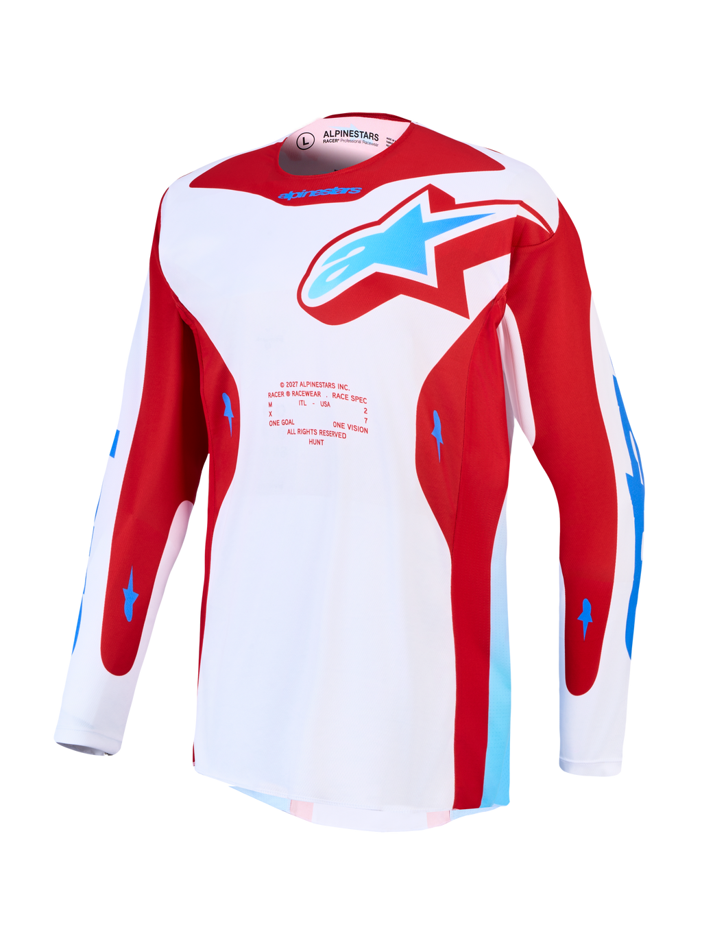Alpinestars Racer Hunt Jersey, white and red motocross jersey with blue accents, moisture-wicking polyfabric.
