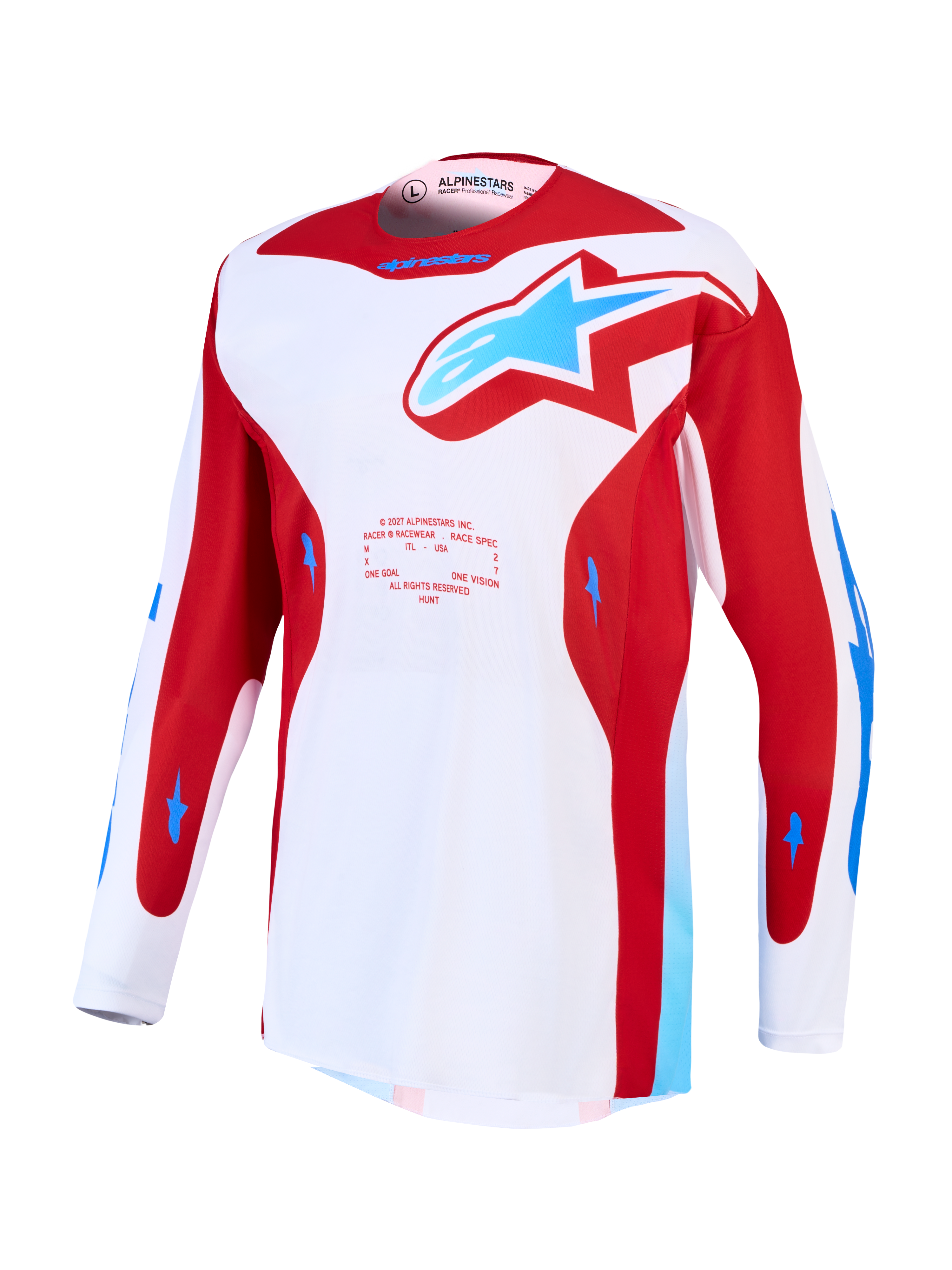 Alpinestars Racer Hunt Jersey, white and red motocross jersey with blue accents, moisture-wicking polyfabric.