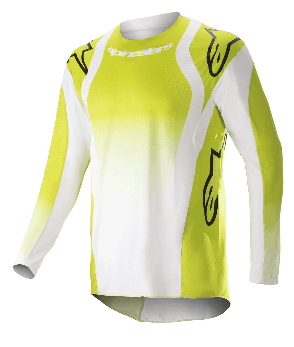 Alpinestars 2023 Techstar Push Jersey, Motocross Long-Sleeve Jersey, Yellow Fluo and White, featuring large black Astars logos on shoulders and sleeves, perforated performance fabric, round neckline, and extended back hem for off-road racing