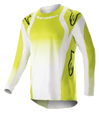 Alpinestars 2023 Techstar Push Jersey, Motocross Long-Sleeve Jersey, Yellow Fluo and White, featuring large black Astars logos on shoulders and sleeves, perforated performance fabric, round neckline, and extended back hem for off-road racing