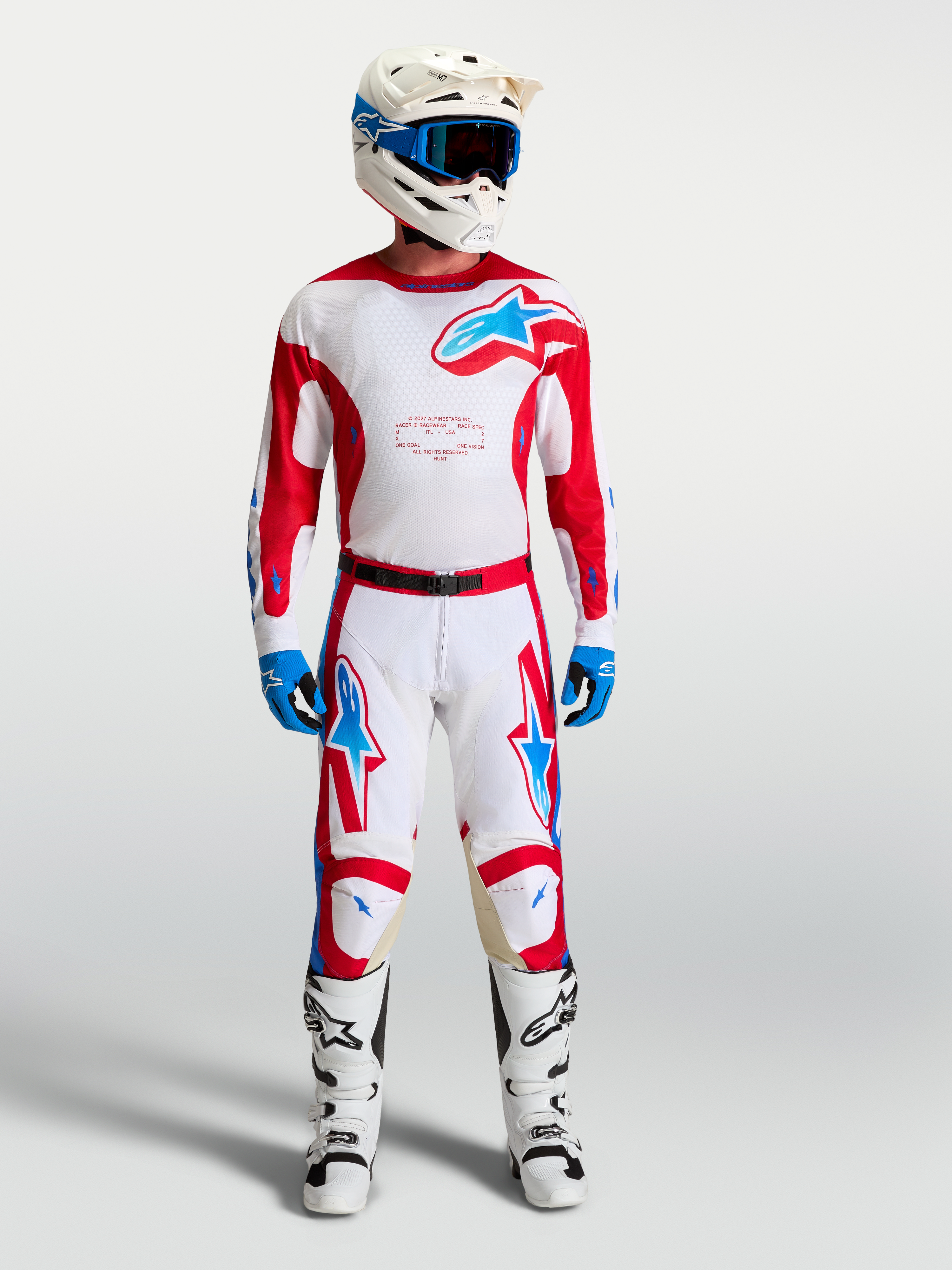 Alpinestars 2027 Racer Hunt Gear Set AND 2027 Racer Hunt Pants, red and white motocross outfit with blue accents.