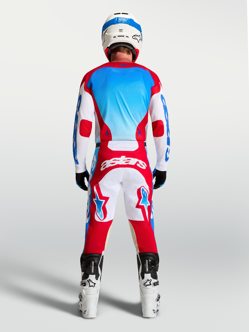 Alpinestars 2027 Racer Hunt Jersey, Men's Motocross Jersey, Rear View, White, Fire Red, and UCLA Blue moisture-wicking textile.