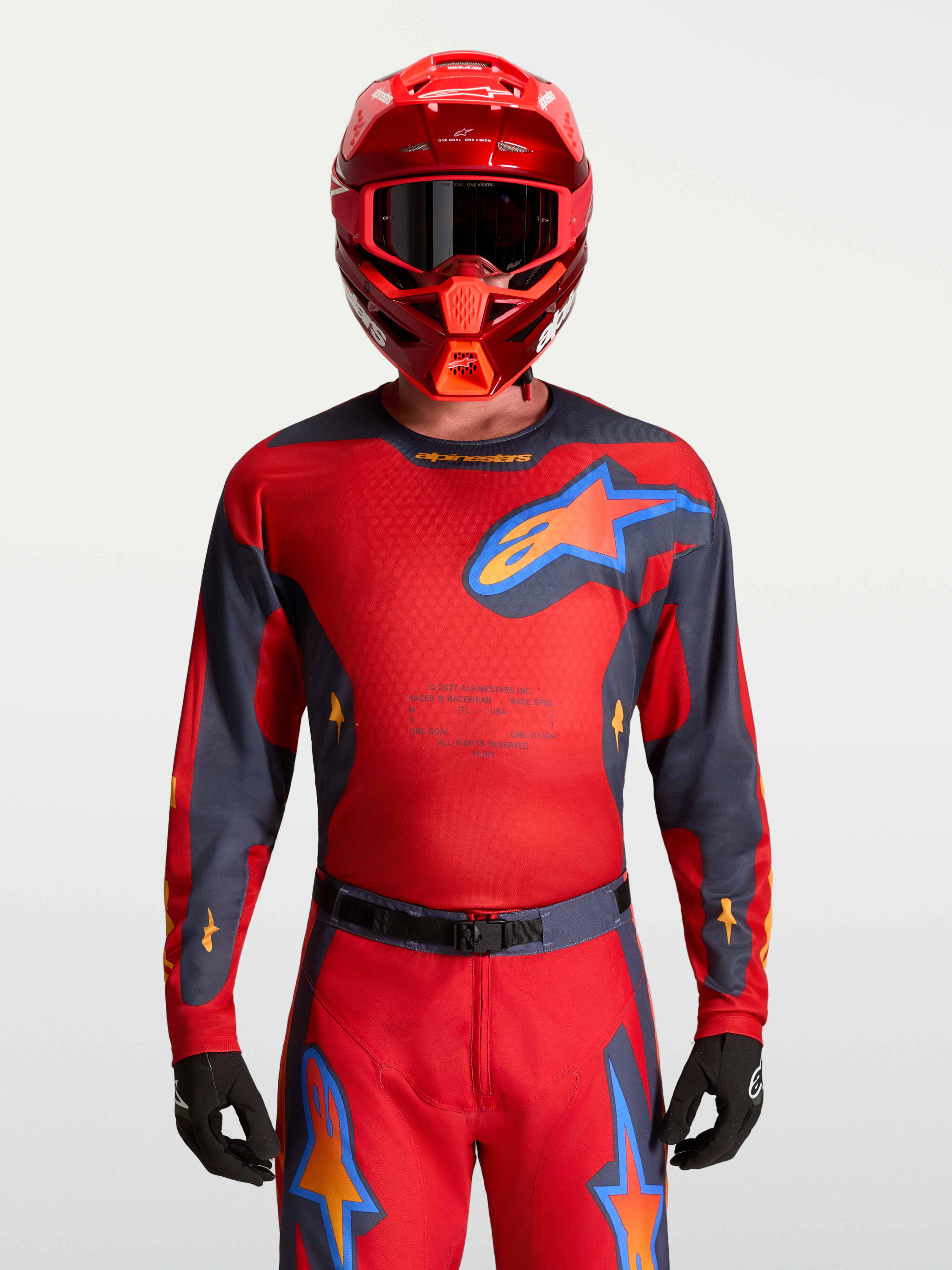Alpinestars Racer Hunt Jersey, red and gray men's motocross jersey featuring moisture-wicking fabric and ventilated mesh.