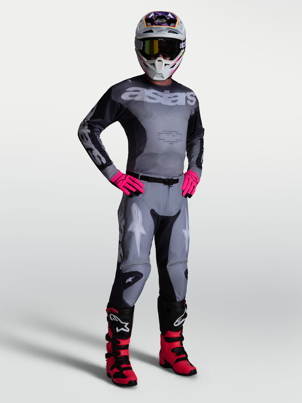 Alpinestars 2027 Racer Amber Jersey and Gear Set, men's gray and pink motocross outfit with an athletic fit.