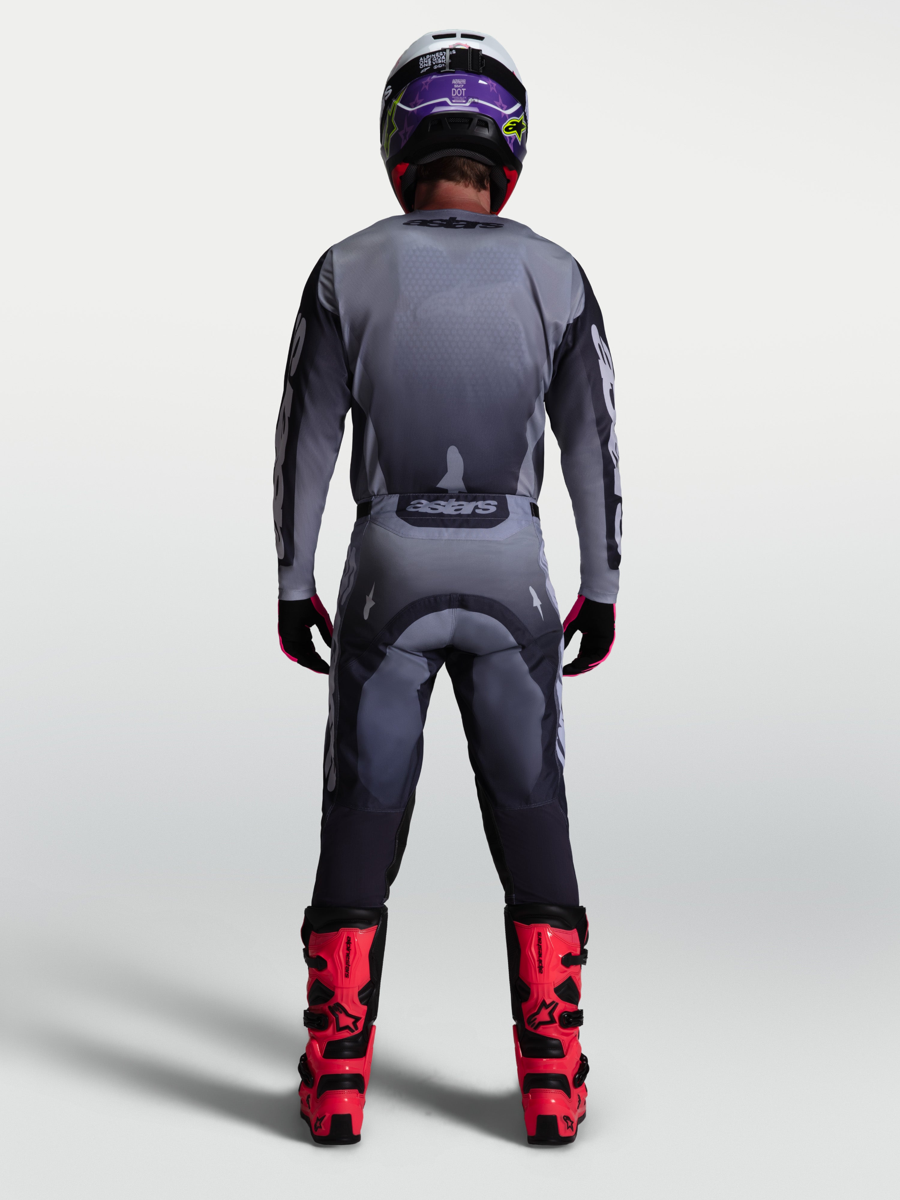 Alpinestars 2027 Racer Amber Gear Set, back view of Men's Gray and Lilac Motocross Jersey and Pants on-model.