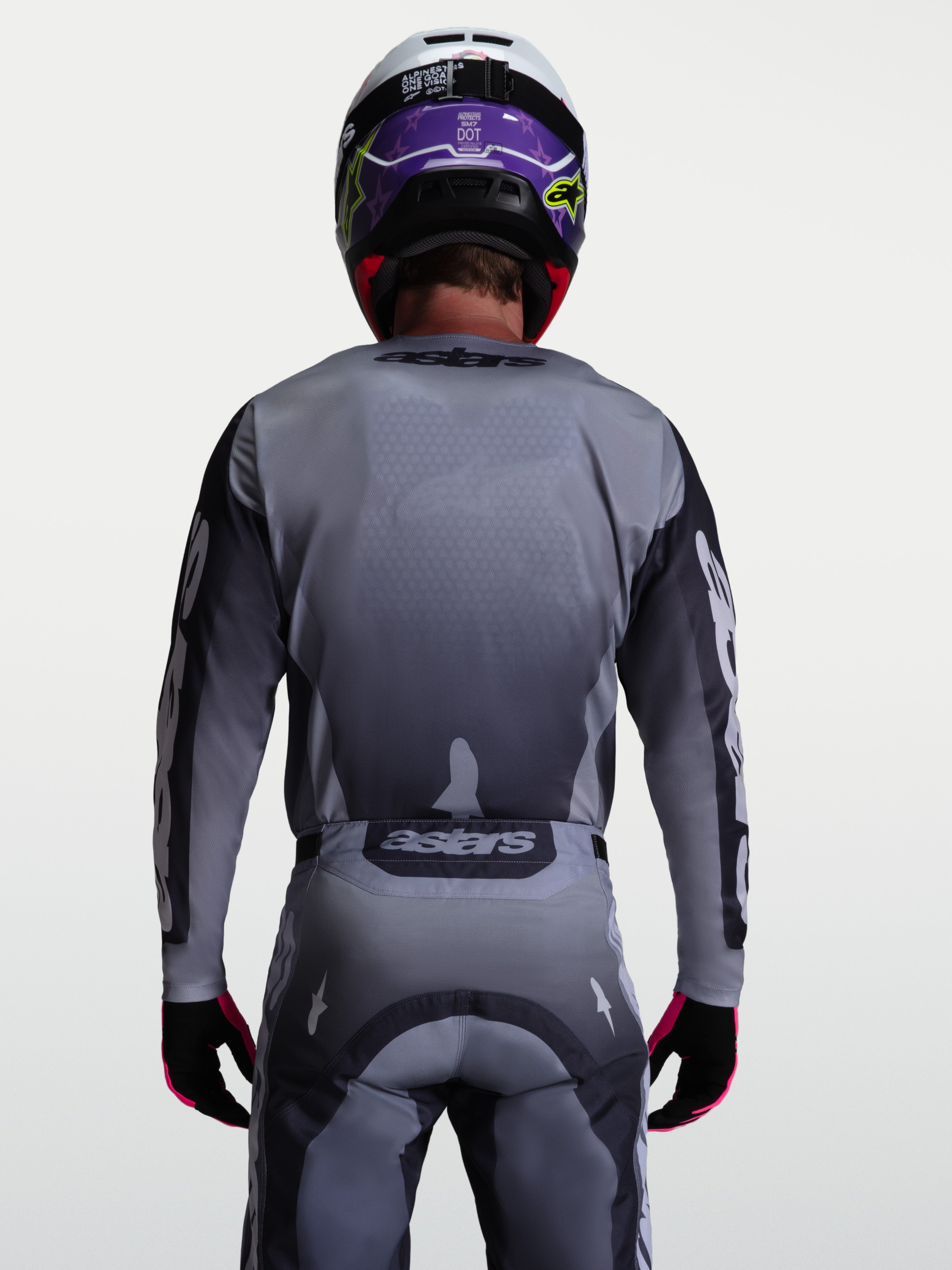 Alpinestars Racer Amber Jersey, gray and light lilac performance motocross jersey for off-road riding, rear view.