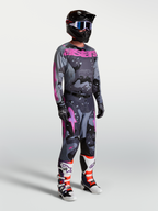 Alpinestars Racer Lone Jersey and Gear Set, men's gray camo and purple motocross kit with matching pants and racing boots.