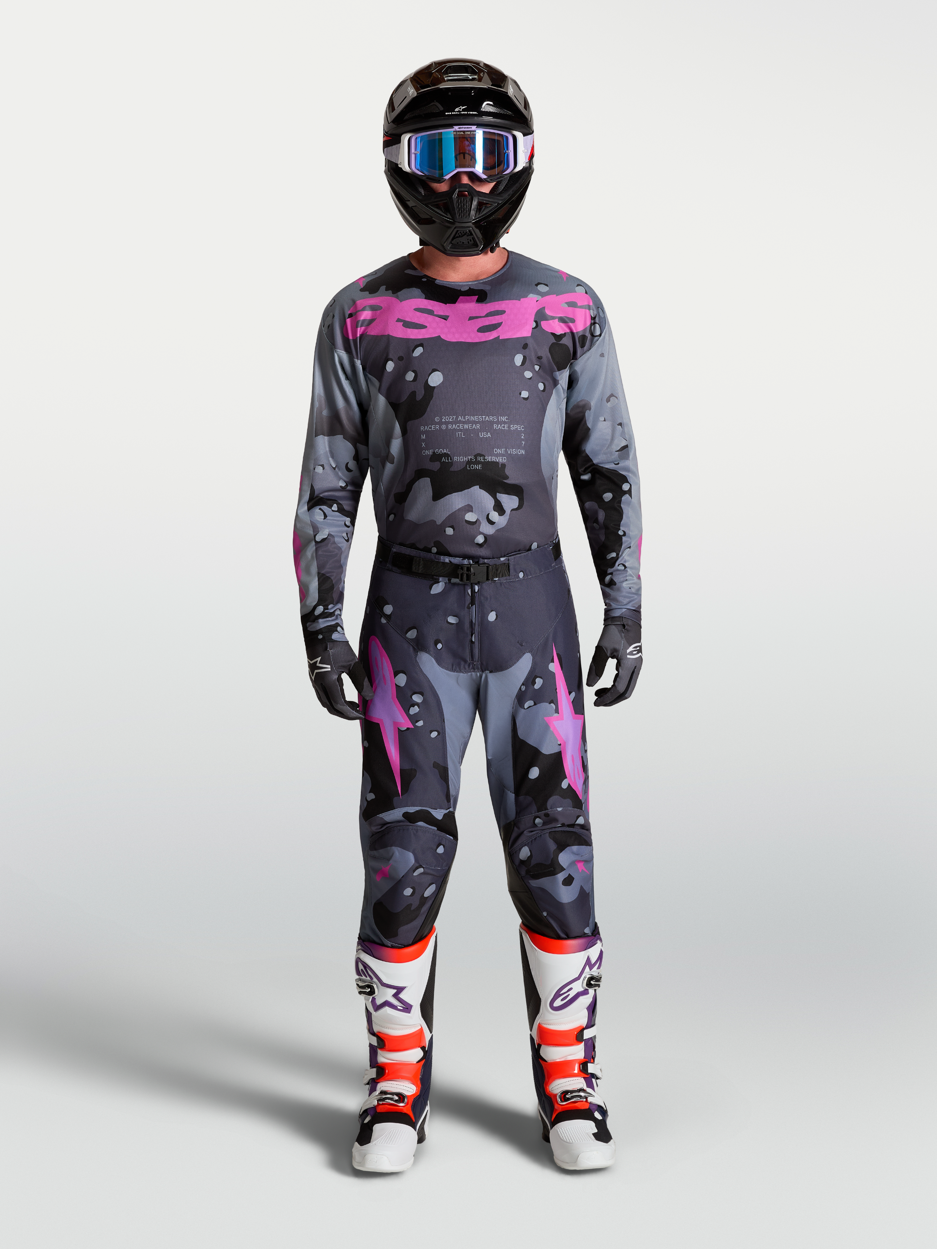 Alpinestars Racer Lone Pants and Gear Set, men's gray camo and purple motocross racing outfit with jersey and boots.