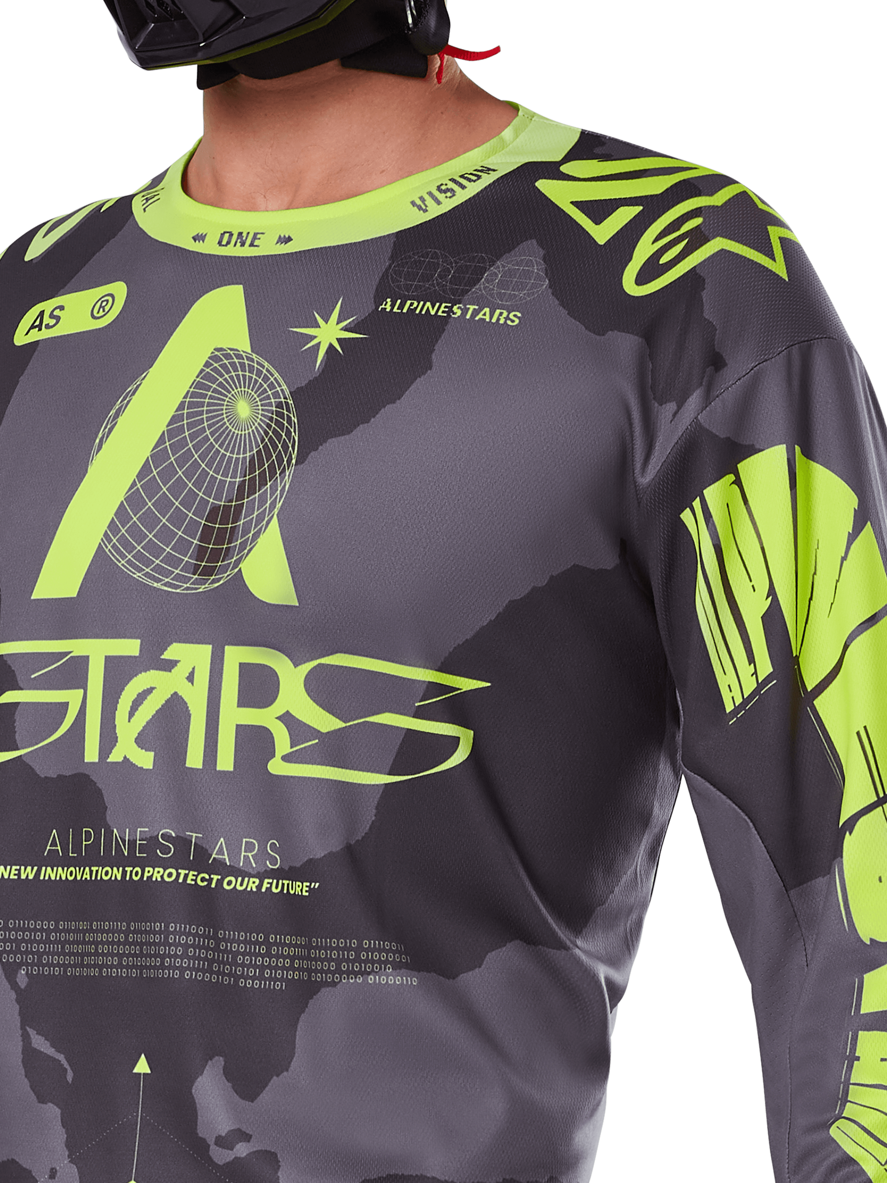 Alpinestars 2025 Racer Hollow Jersey, Motocross Jersey, Dark Camo and Yellow Fluo, close-up view showing technical graphics, 'ASTARS' branding and wireframe designs on moisture-wicking poly fabric.