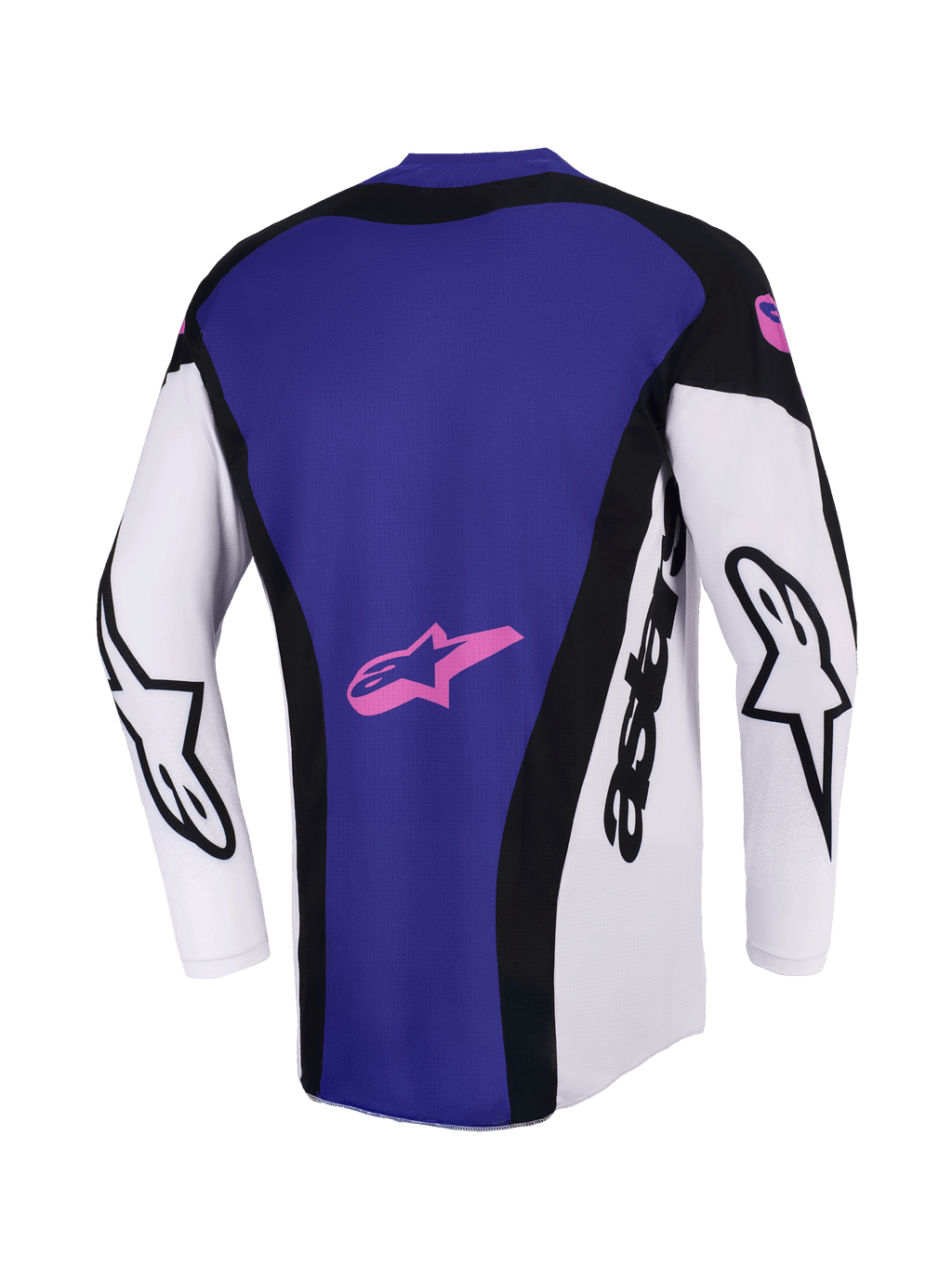 Alpinestars 2026 Techstar Knif Jersey, Motocross Jersey, Black Light Gray and Purple, rear view showing a large purple back panel with a pink star logo, white sleeves with black Alpinestars branding, athletic race fit.