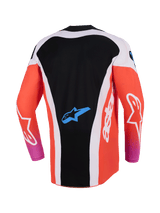 Alpinestars 2026 Techstar Knif Jersey, Motocross Jersey, Black and Orange Fluo, back view featuring extended rear design, white side panels, blue Astar logo on lower back, long sleeves, high-performance racing gear