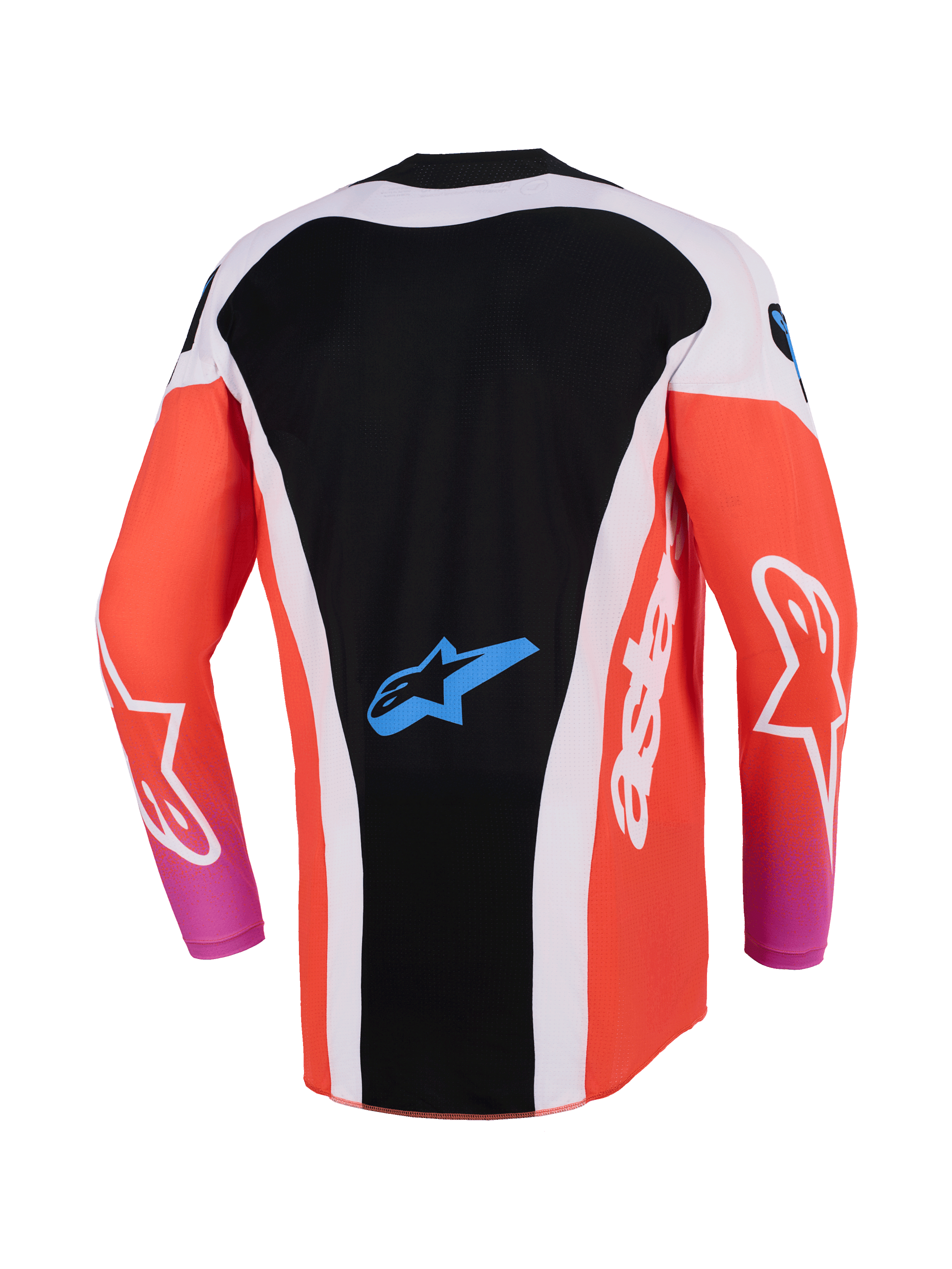 Alpinestars 2026 Techstar Knif Jersey, Motocross Jersey, Black and Orange Fluo, back view featuring extended rear design, white side panels, blue Astar logo on lower back, long sleeves, high-performance racing gear