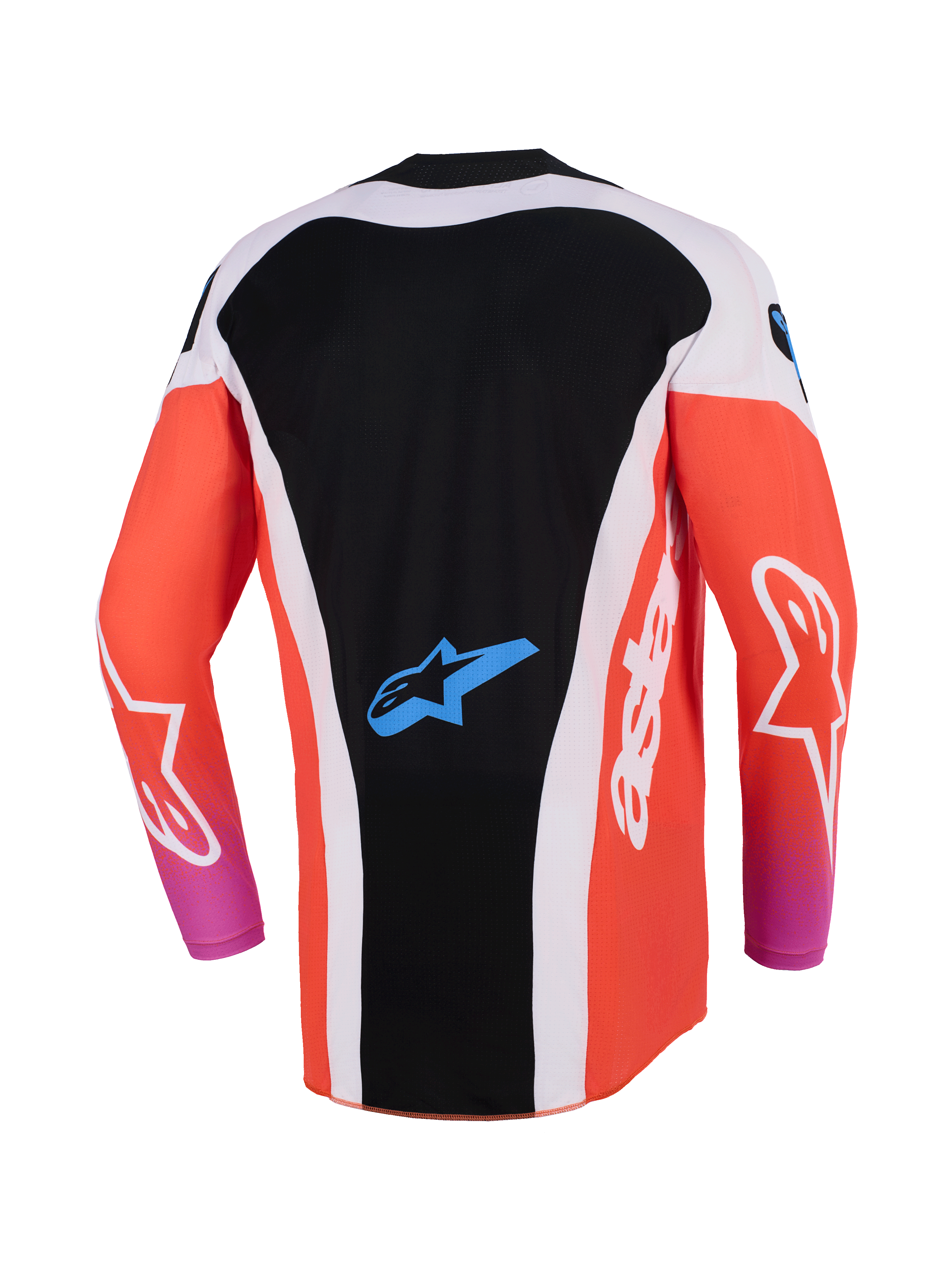 Alpinestars 2026 Techstar Knif Jersey, Motocross Jersey, Black and Orange Fluo, back view featuring extended rear design, white side panels, blue Astar logo on lower back, long sleeves, high-performance racing gear