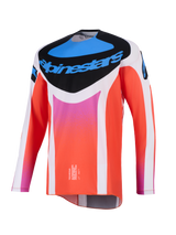Alpinestars 2026 Techstar Knif Jersey, Motocross Jersey, White and Orange with Blue and Pink accents, black chest panel with Alpinestars logo, technical long-sleeve racing gear for off-road performance.