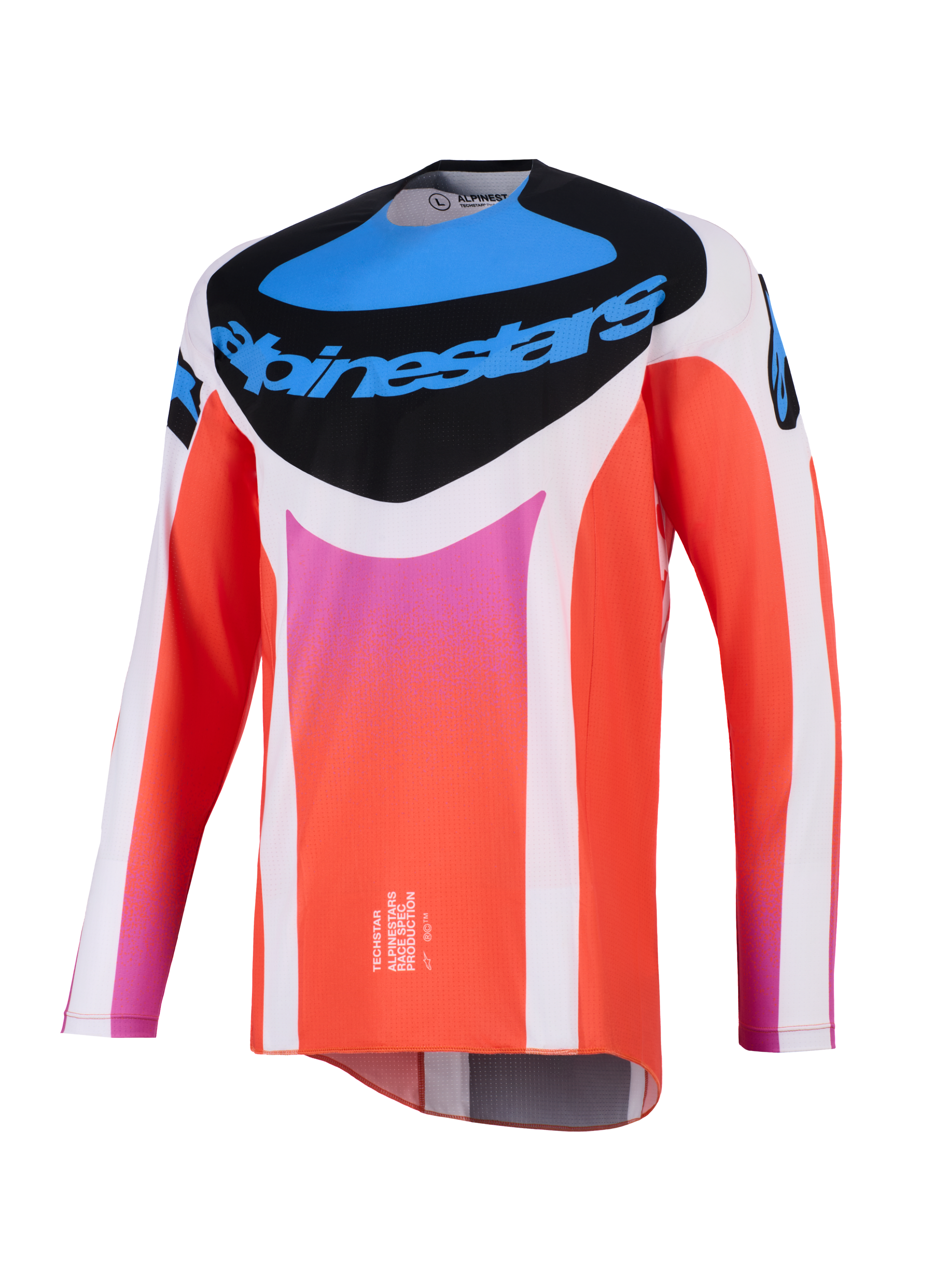 Alpinestars 2026 Techstar Knif Jersey, Motocross Jersey, White and Orange with Blue and Pink accents, black chest panel with Alpinestars logo, technical long-sleeve racing gear for off-road performance.