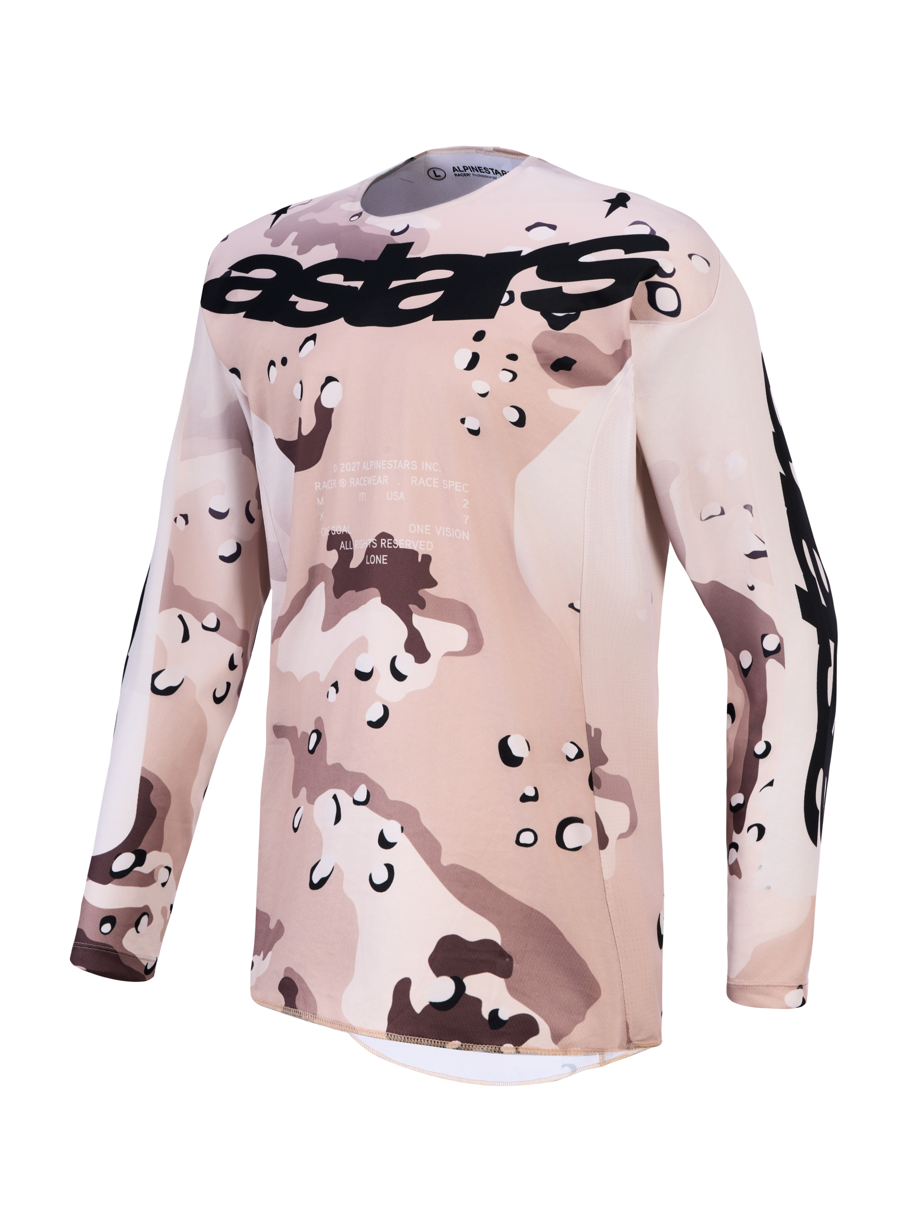 Alpinestars Racer Lone Jersey, Men's Desert Camo Black Motocross Top with moisture-wicking polyfabric.