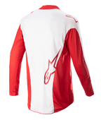 Alpinestars 2023 Techstar Arch Jersey, Motocross Jersey, Mars Red and White, back view showing white center panel and red long sleeves, red Astars logo on the lower back, mesh ventilation panels, and extended rear for off-road racing coverage.