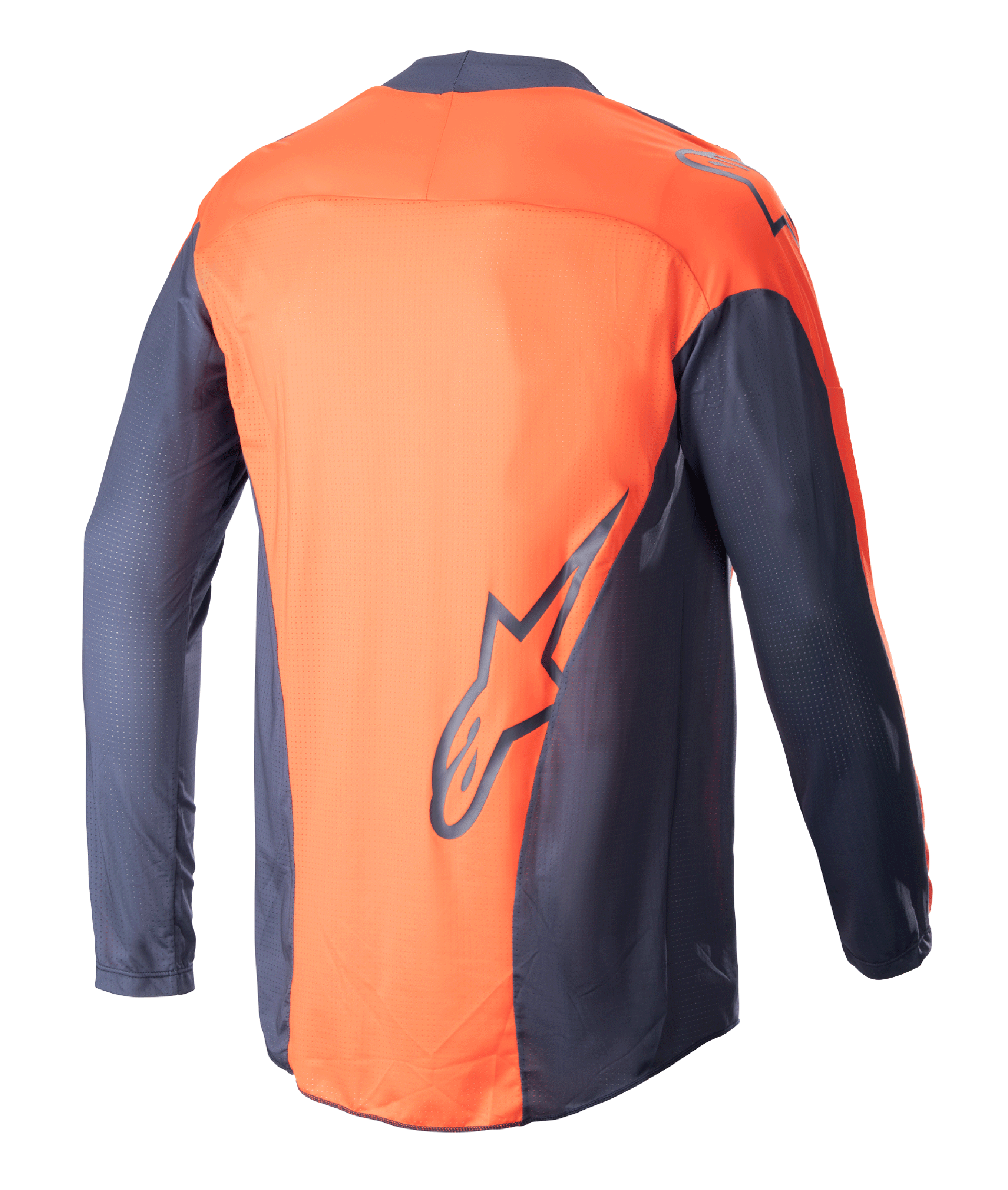 Alpinestars 2023 Techstar Arch Jersey, Motocross Jersey, Night Navy and Hot Orange, back view, lightweight mesh construction, features large navy Alpinestars logo on the lower back, extended rear for riding coverage