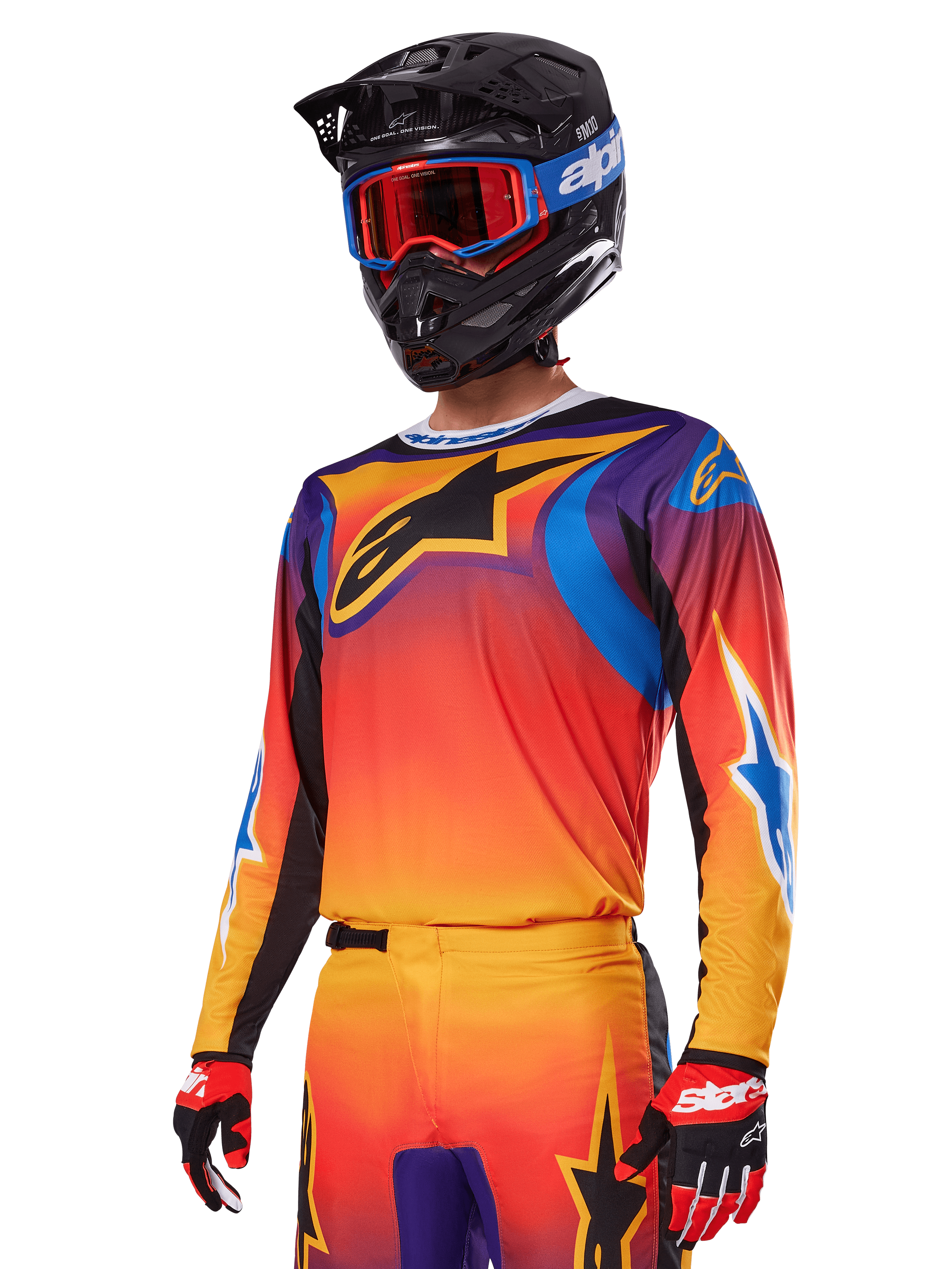 Alpinestars 2025 Fluid Wurx Gear Set, Motocross Gear Set, Orange Purple and Blue gradient, featuring a large black A-stars logo, worn with a black helmet and blue goggles, coordinated outfit for professional off-road racing
