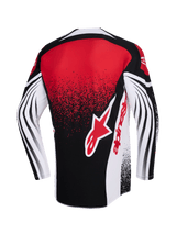 Alpinestars 2026 Techstar Nomur Jersey, Motocross Jersey, Black White and Red, back view featuring a large red Alpinestars logo, speckled gradient effect, and dynamic curved patterns on the long sleeves, performance racing apparel