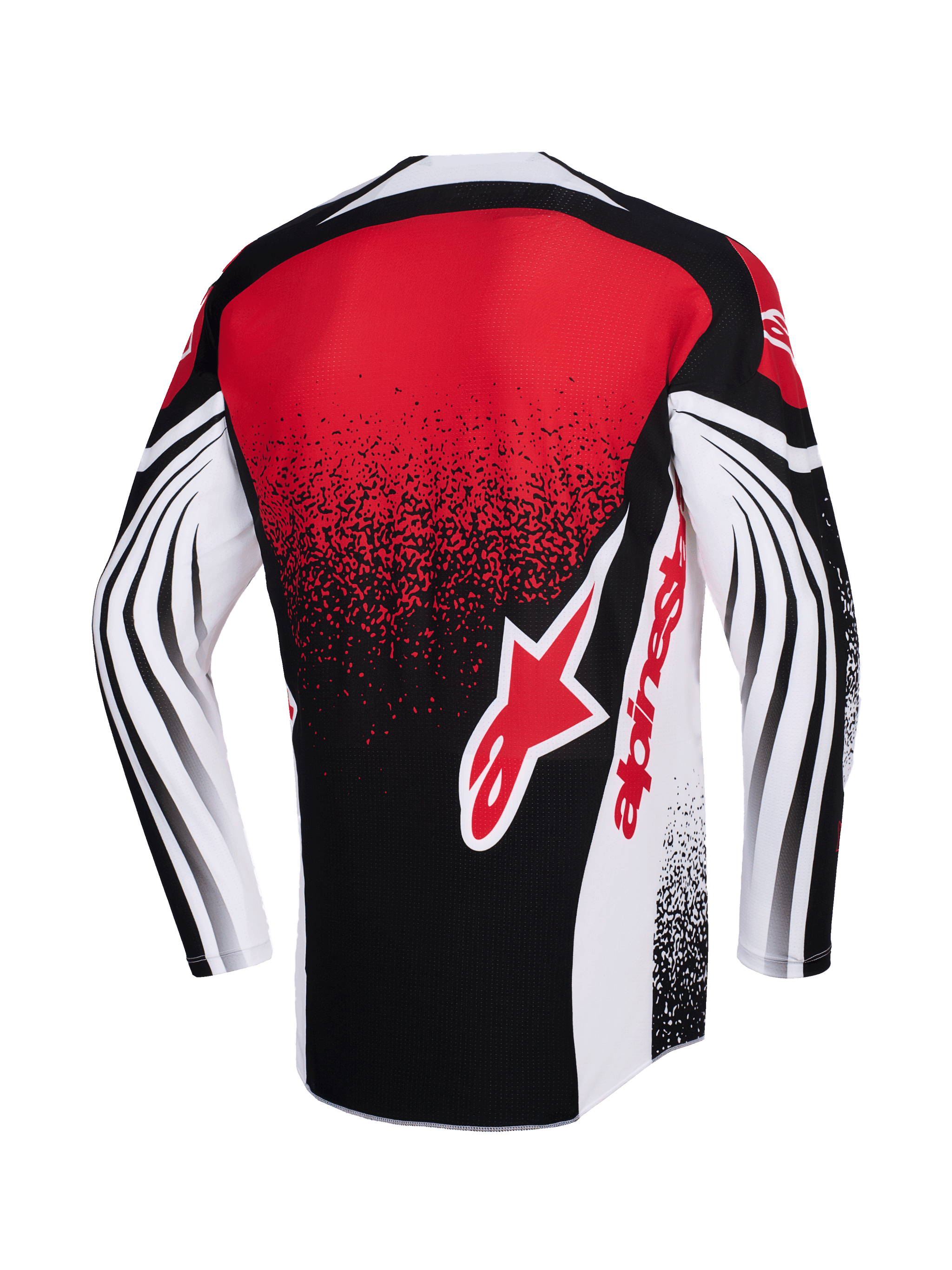 Alpinestars 2026 Techstar Nomur Jersey, Motocross Jersey, Black White and Red, back view featuring a large red Alpinestars logo, speckled gradient effect, and dynamic curved patterns on the long sleeves, performance racing apparel