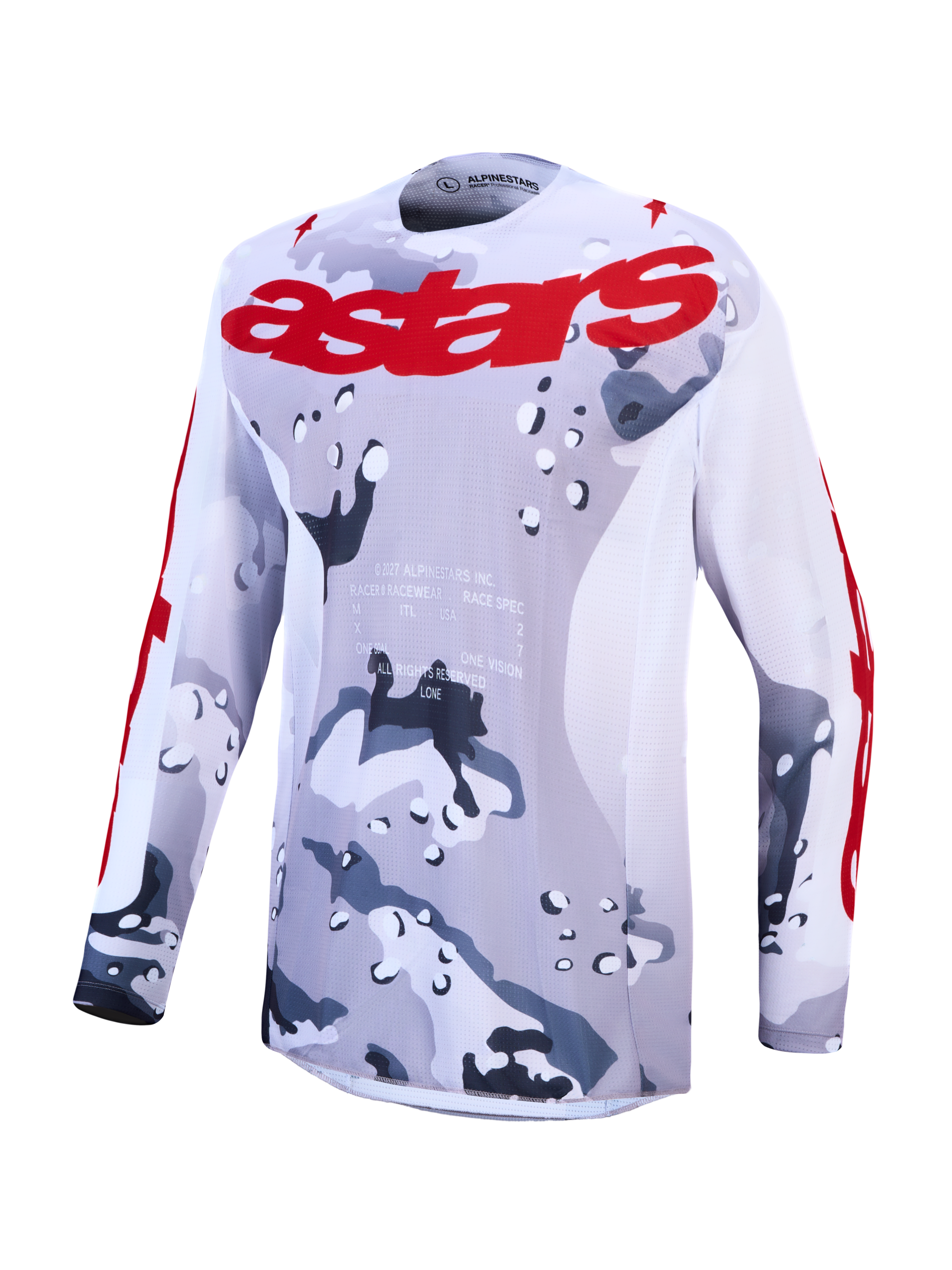 Alpinestars Racer Air Lone Jersey, Men's Motocross Jersey, Gray Camo and White, lightweight breathable mesh construction.