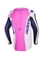Alpinestars 2026 Fluid Grid Jersey, back view, Motocross Jersey, Black Light Gray and Purple, pink center panel with white and black sections, purple Alpinestars branding on sleeves and sides, moisture-wicking polyfabric construction
