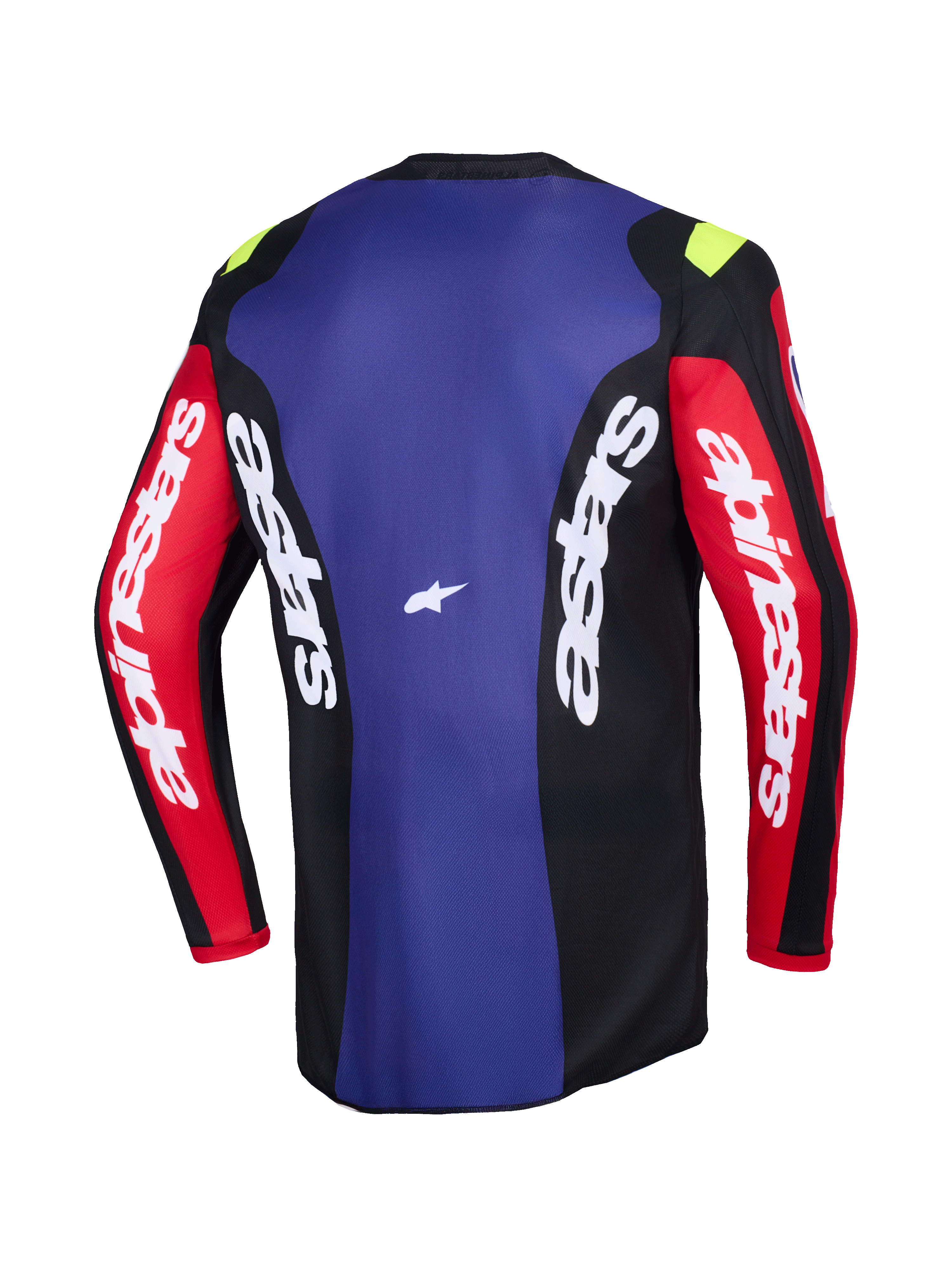 Alpinestars 2026 Fluid Grid Jersey, Rear View, Motocross Jersey in Red, Black, and Purple, featuring white Alpinestars branding on sleeves and side panels, small neon yellow accents on shoulders, technical moisture-wicking off-road apparel