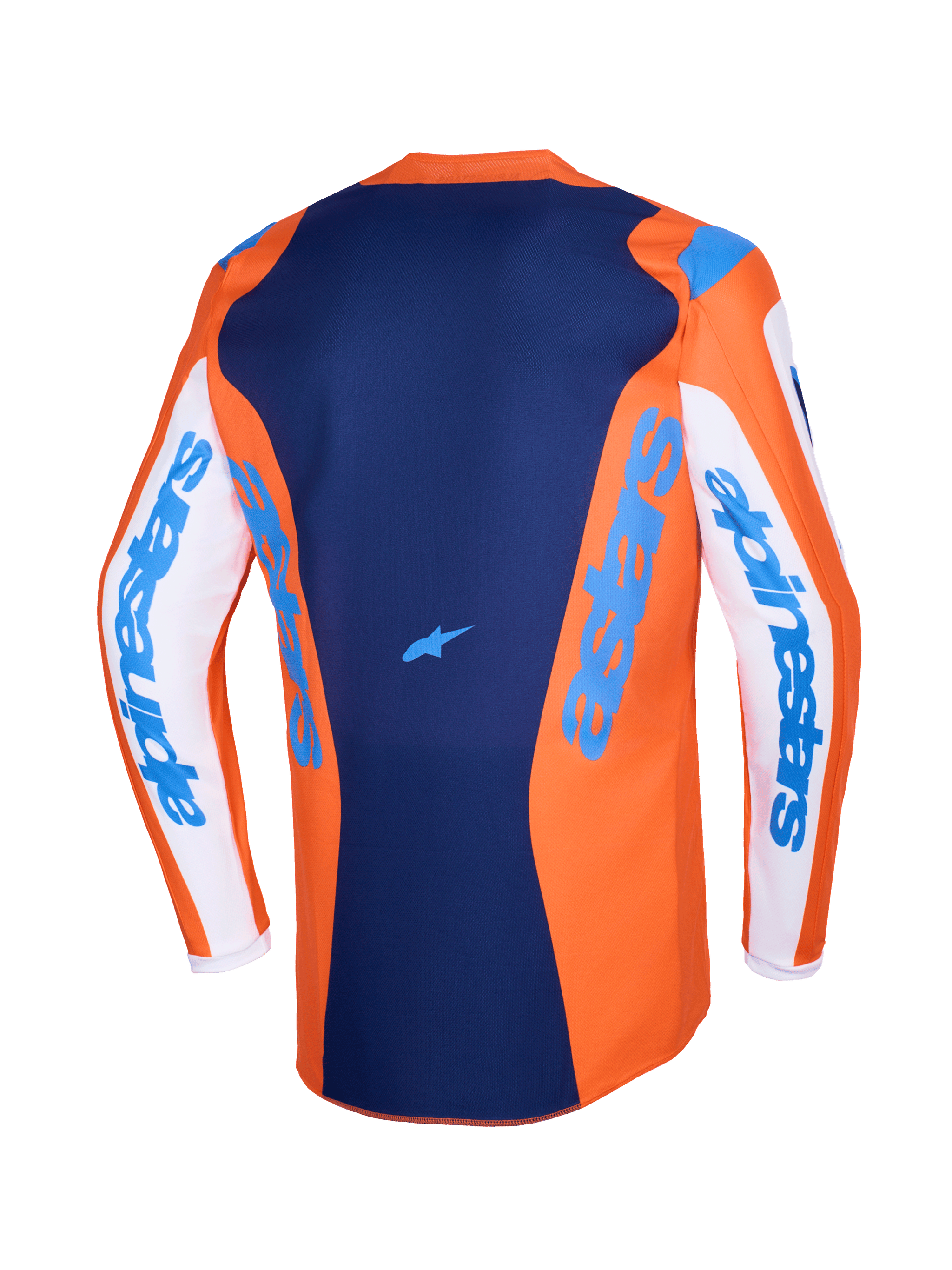 Alpinestars 2026 Fluid Grid Jersey, Motocross Jersey, Orange and UCLA Blue, white sleeves with blue Alpinestars branding, dark blue back panel with small star logo, extended rear cut for off-road riding