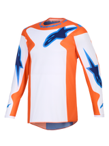 Alpinestars 2026 Fluid Grid Jersey, Motocross Jersey, Orange White and UCLA Blue, long-sleeve performance gear with blue star logos on the chest and sleeves, athletic fit for off-road riding.