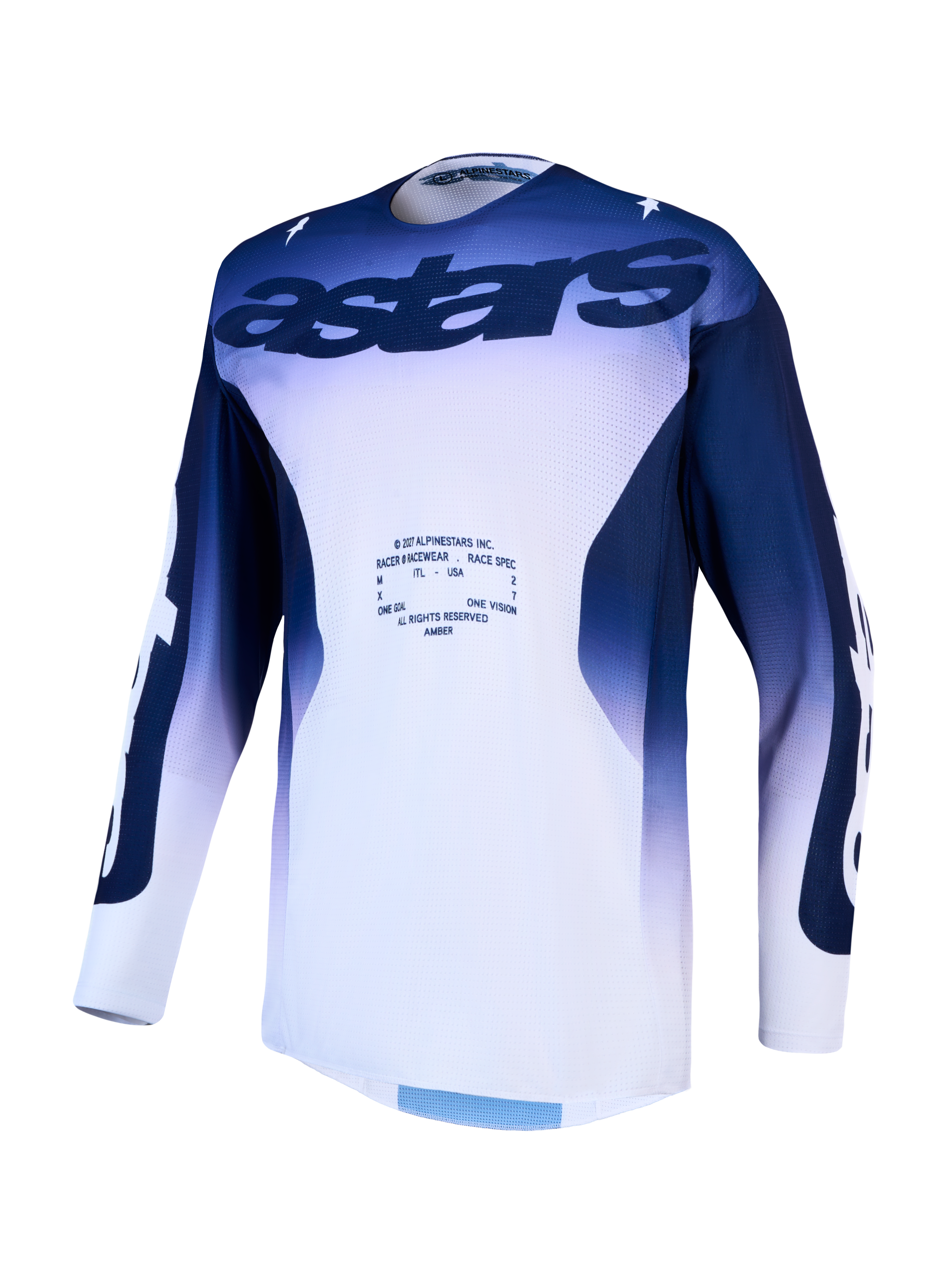 Alpinestars Racer Air Amber Jersey, men's blue and white ventilated motocross racing top with breathable mesh.