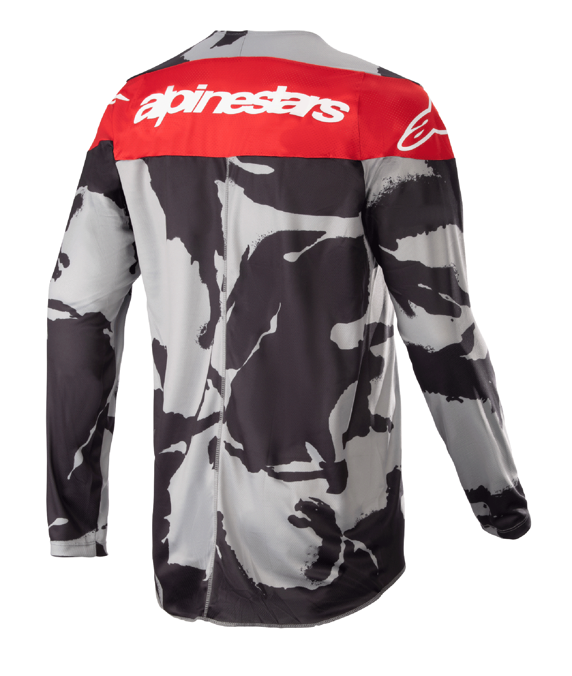 Alpinestars 2023 Racer Tactical Jersey, Motocross Jersey, Cast Gray Camo and Mars Red, back view featuring a red upper panel with white Alpinestars logo and a gray-black camouflage pattern, lightweight off-road performance apparel