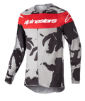Alpinestars 2023 Racer Tactical Jersey, Motocross Jersey, Cast Gray Camo and Mars Red, prominent red chest stripe with white Alpinestars branding, black and gray camouflage pattern, long-sleeve technical apparel for off-road racing