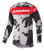 Alpinestars 2023 Racer Tactical Jersey, Motocross Jersey, Cast Gray Camo and Mars Red, prominent red chest stripe with white Alpinestars branding, black and gray camouflage pattern, long-sleeve technical apparel for off-road racing